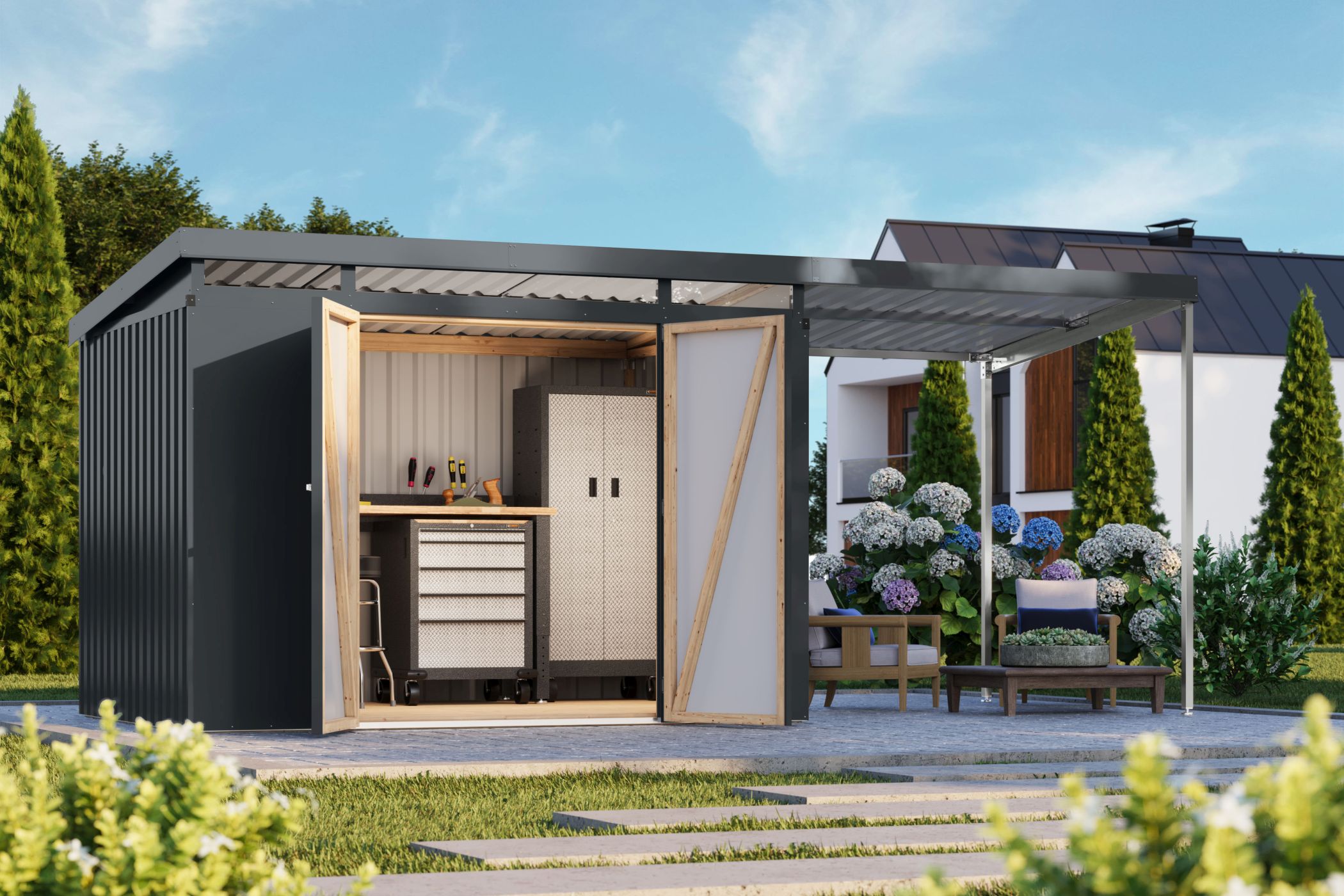 Karibu Gerätehaus aus Metall Iridium 3 in Anthrazit im Garten