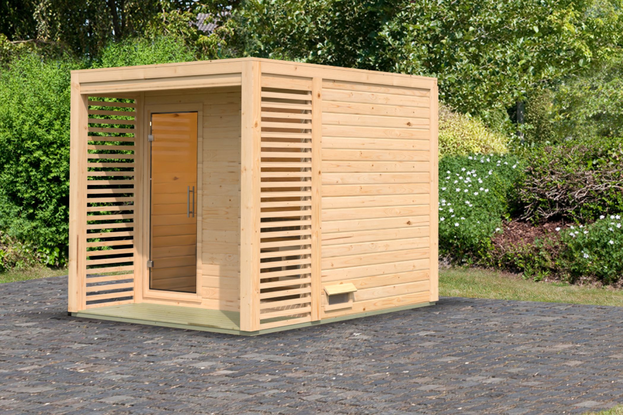 Karibu Saunahaus Angkor 2 als Gartensauna aus Massivholz im Garten mit Glasfront
