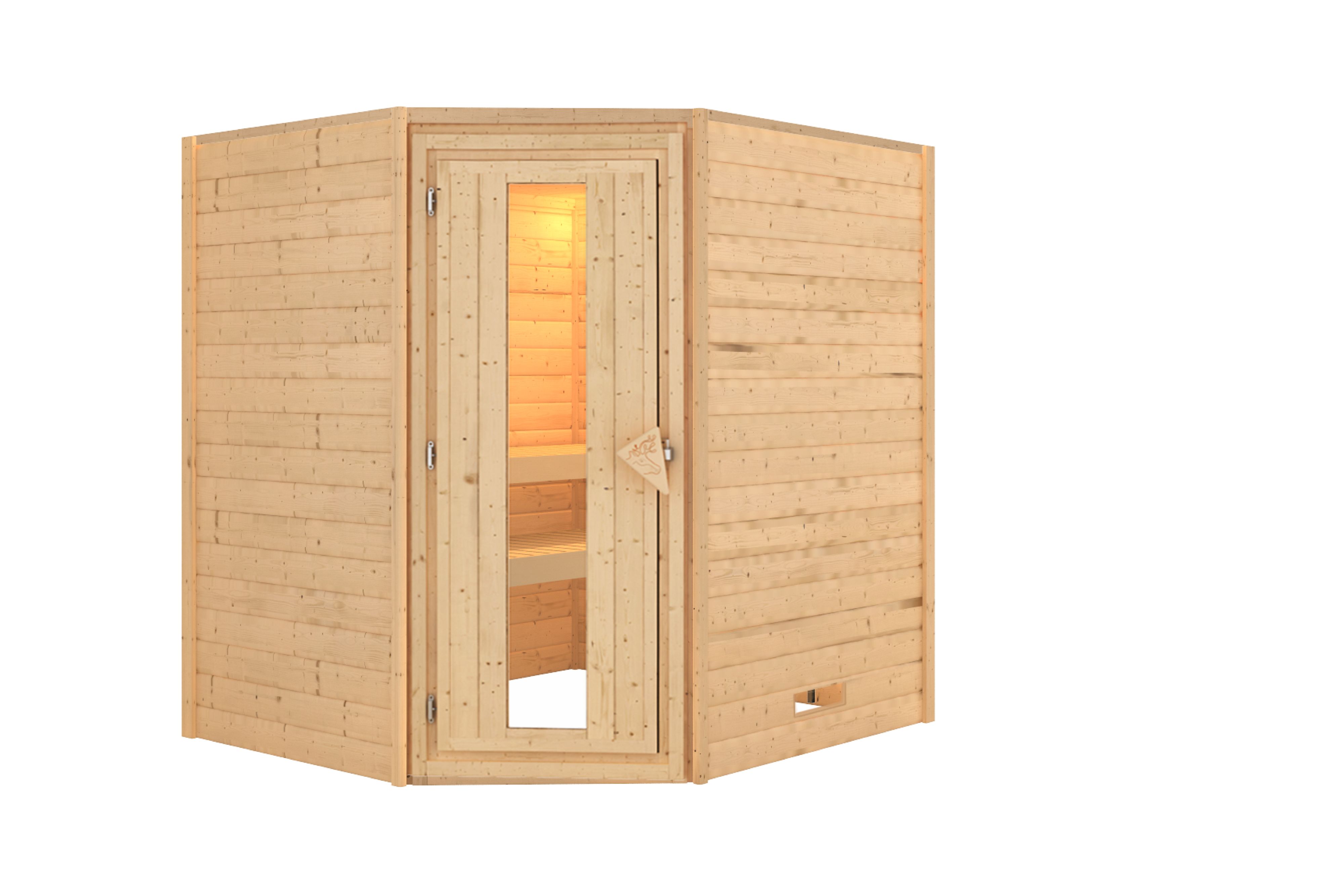 Innenansicht der Karibu Sauna Mia mit Liegen und Kopfstütze aus hellem Espenholz