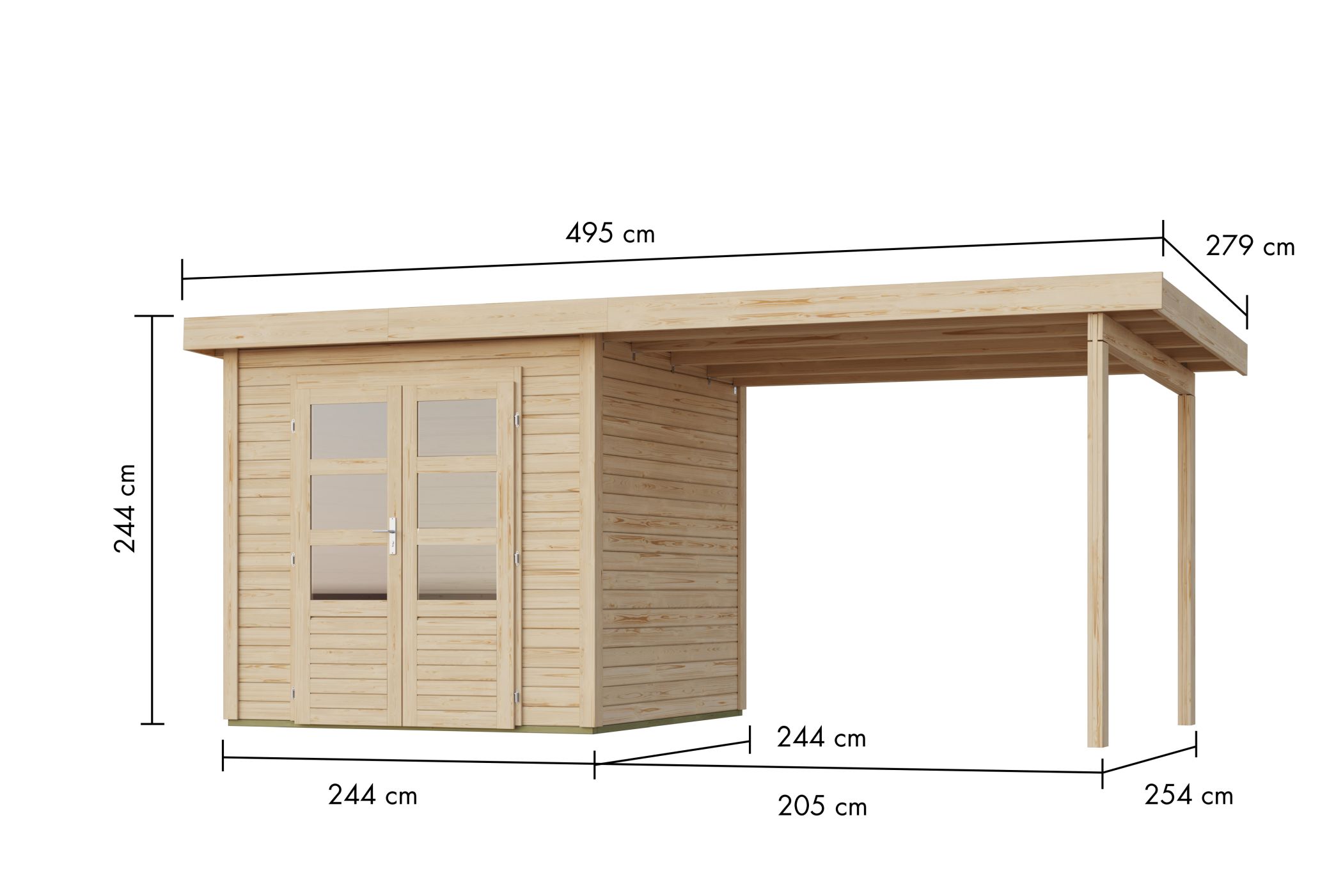 Bemaßte Maßzeichnung des Karibu Gartenhaus Kolbin 3 XXL, 495 × 279 cm