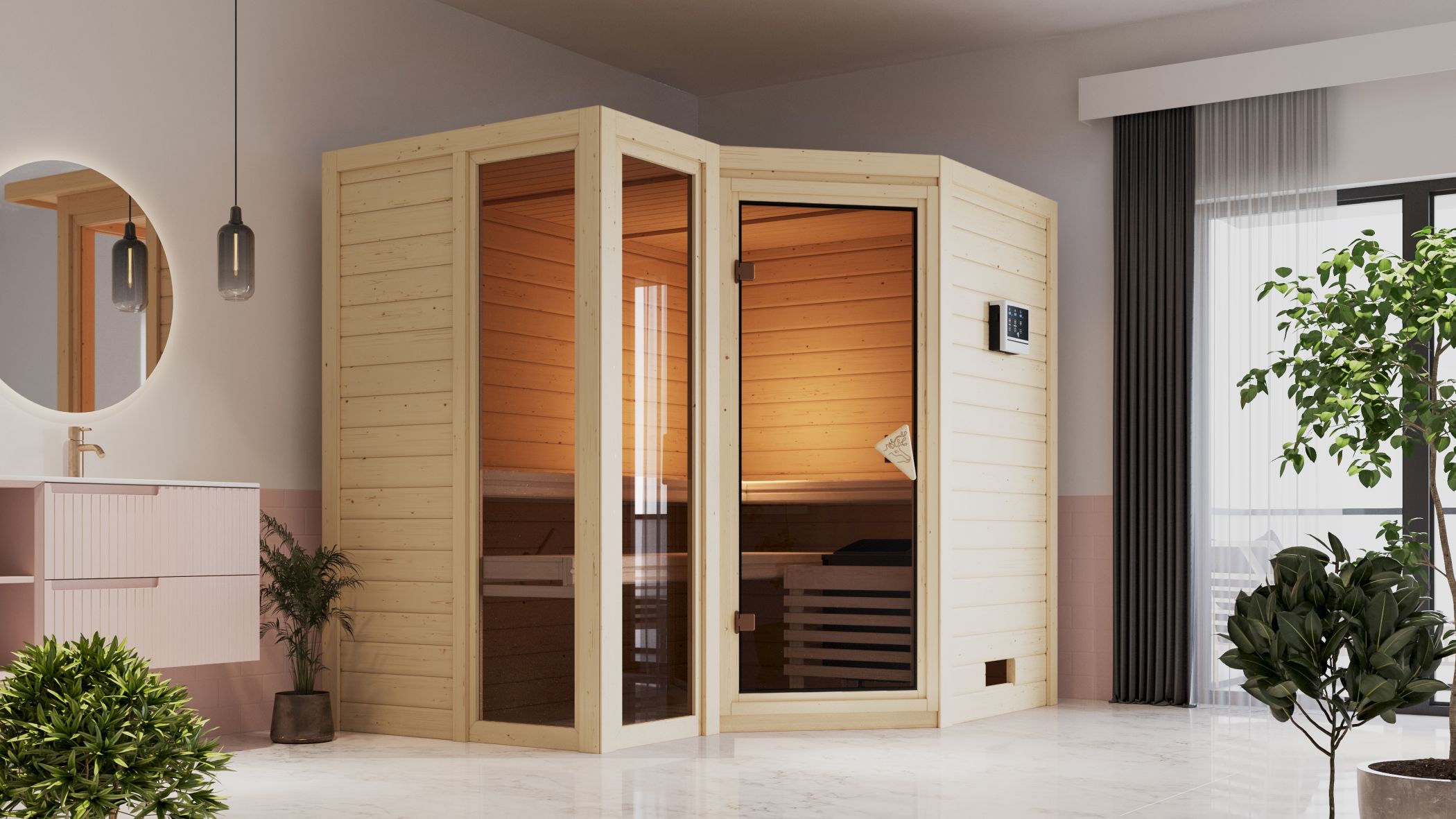 Karibu Sauna Amara als hochwertige Sauna aus nordischer Fichte im Wohnraum-Ambiente