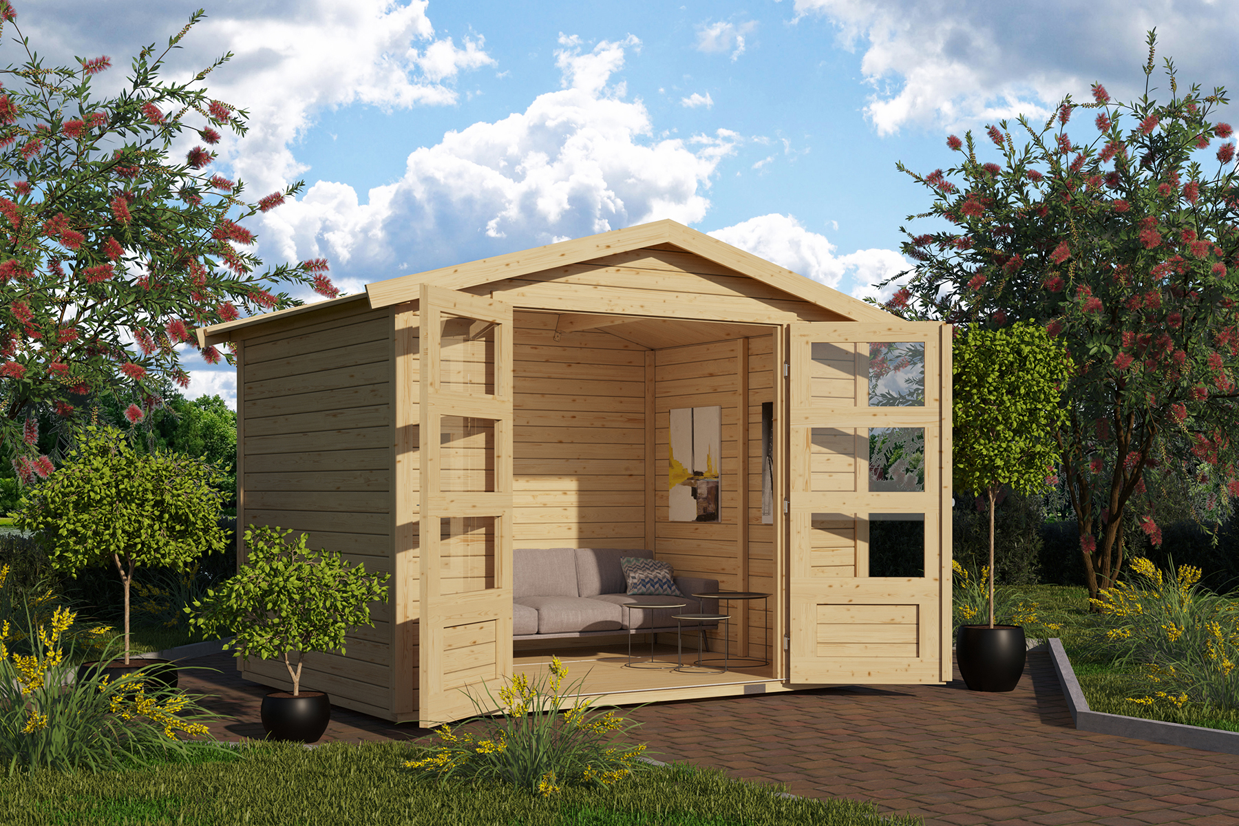 Karibu Gerätehaus Amberg 3 in Naturbelassen im Garten
