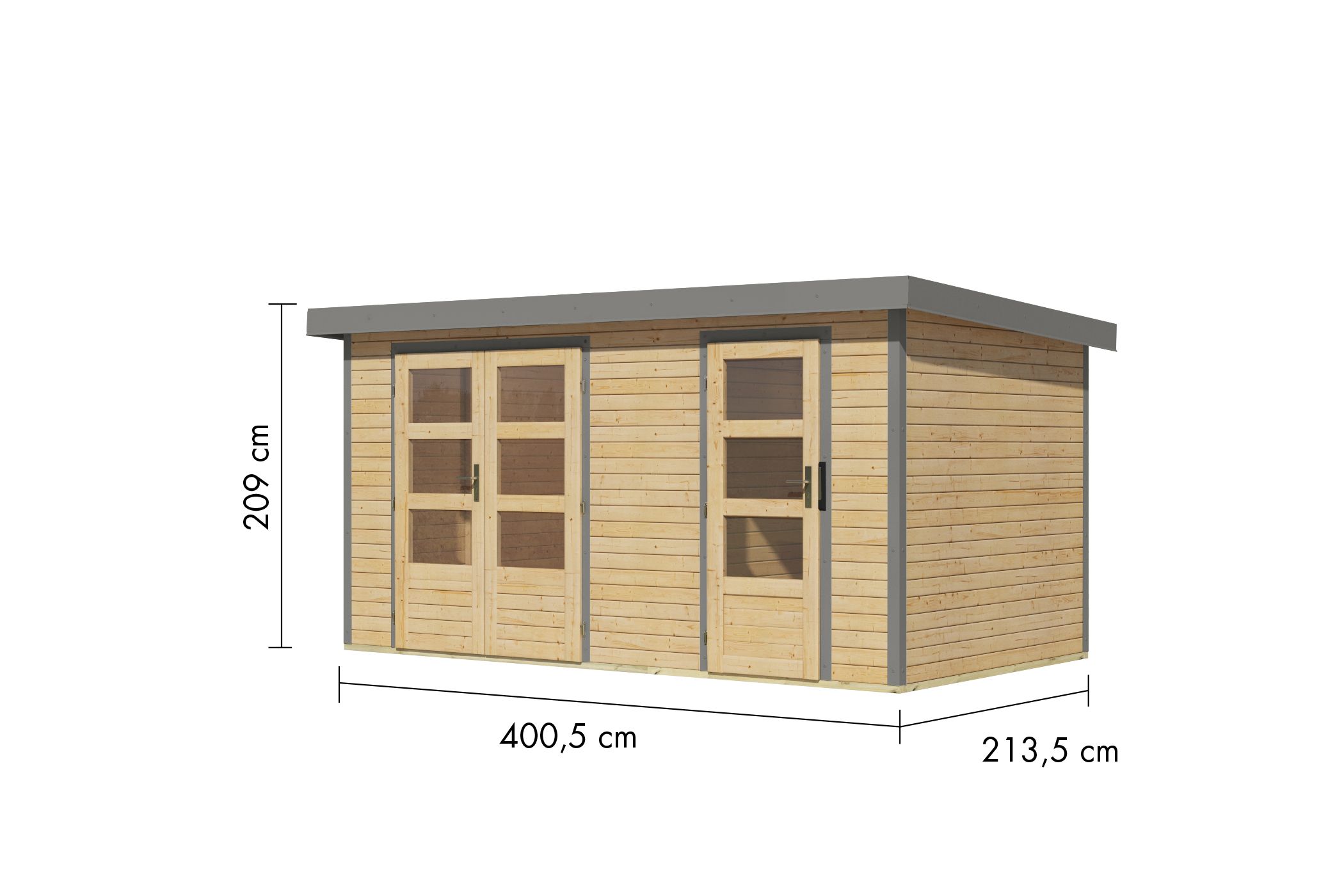 Bemaßte Maßzeichnung des Karibu großes Gartenhaus Holz & Metall Merkur, 400 × 214 cm