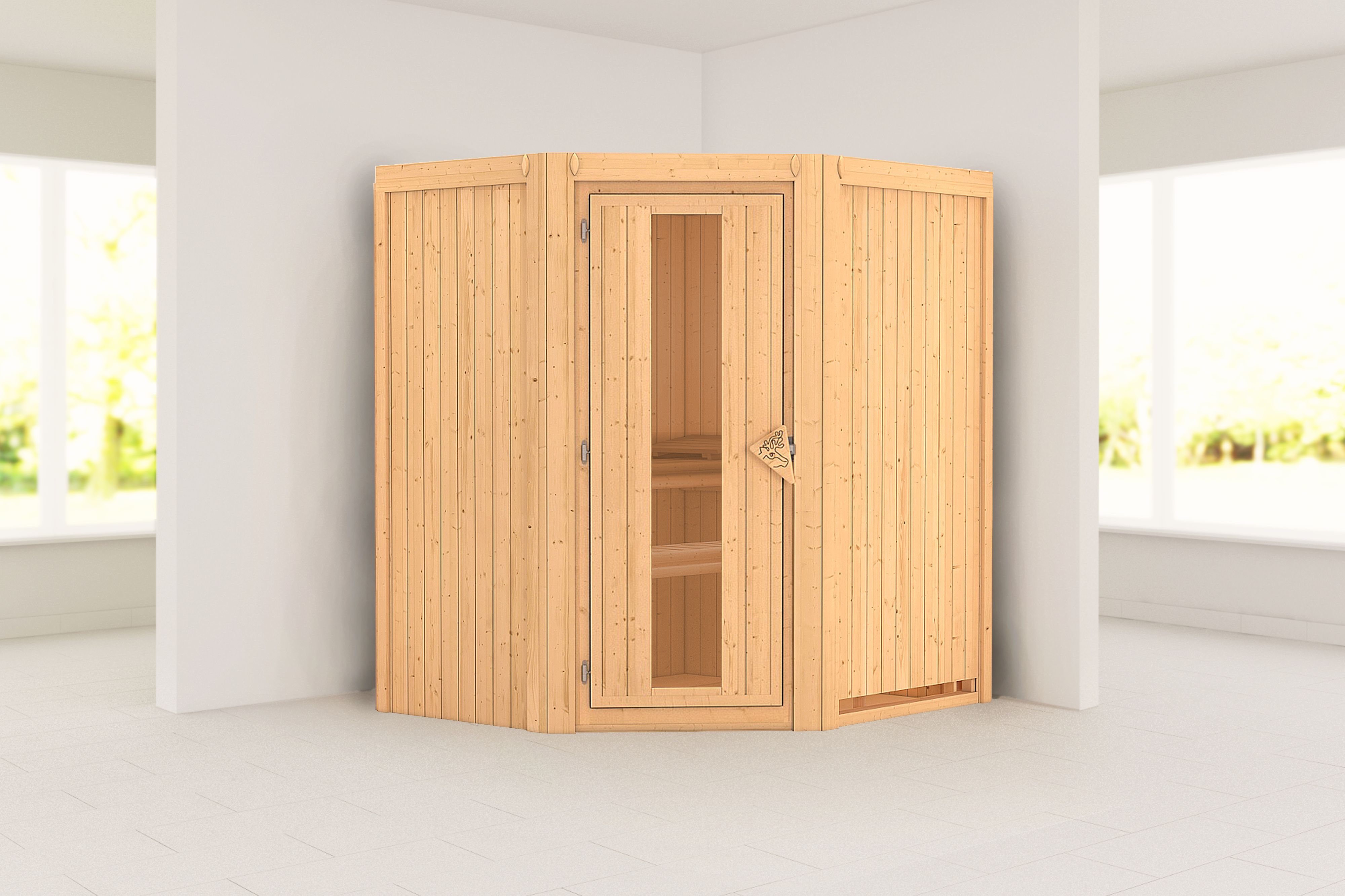 Außenansicht der Karibu Sauna Taurin aus nordischer Fichte mit isolierter Holztür und Fronteinstieg