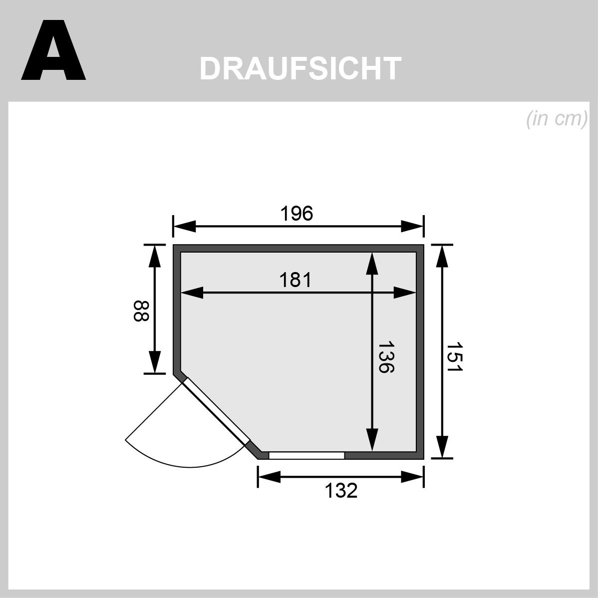 Bemaßte Draufsicht der Karibu Sauna Fiona 1 mit Grundriss und eingezeichnetem Türausschnitt