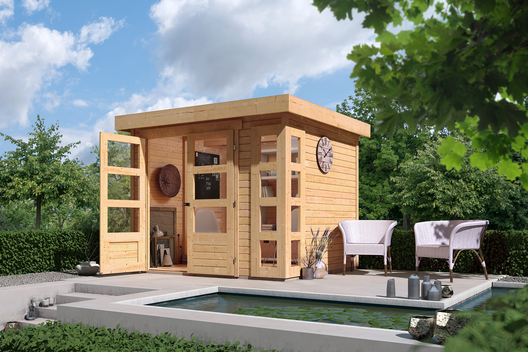 Karibu Gerätehaus Kerko 3 in Naturbelassen und Anbaudach im Garten