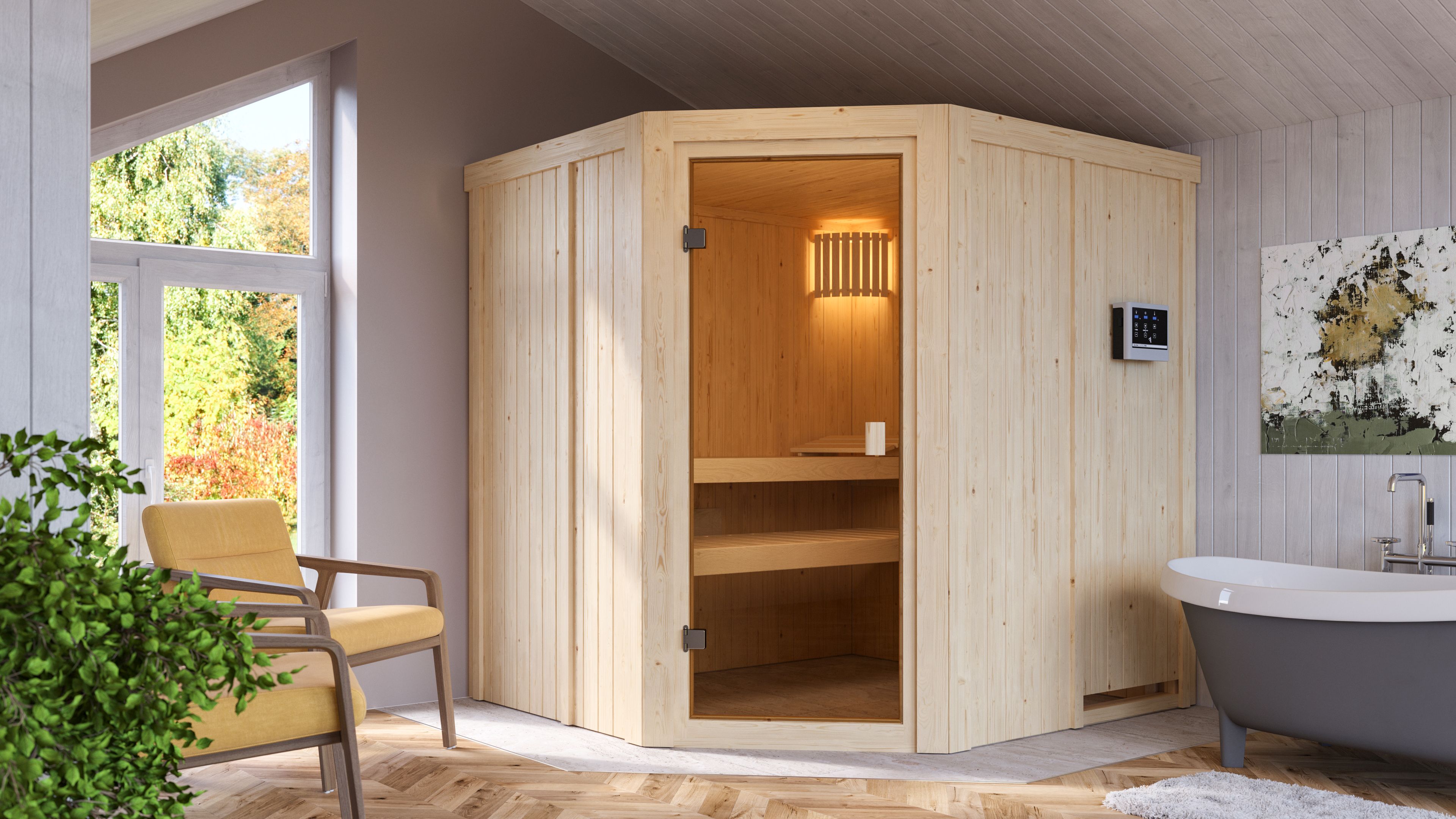 Karibu Sauna Bodo als hochwertige Sauna aus nordischer Fichte im Wohnraum-Ambiente