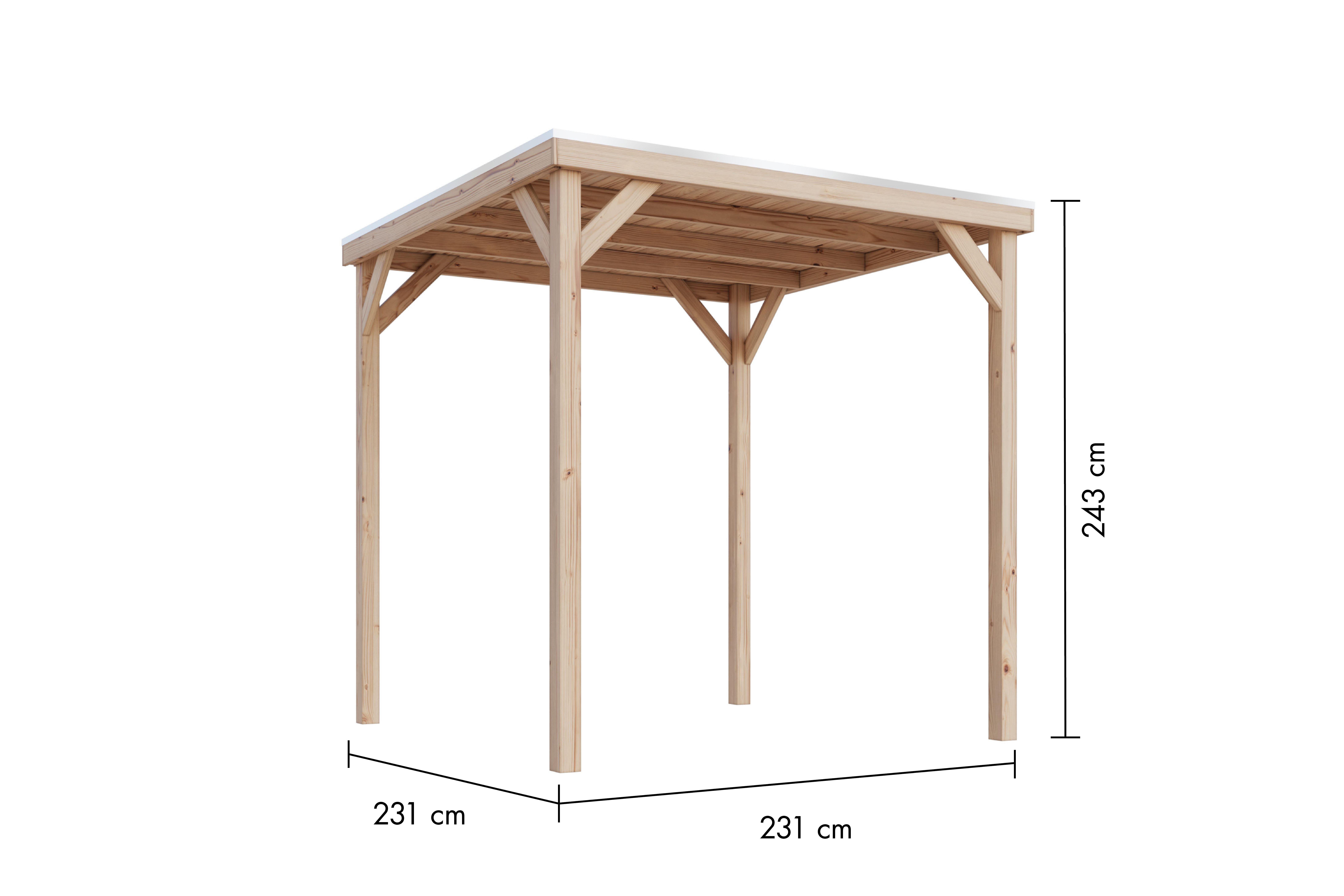Maßzeichnung des Karibu Grillpavillon mit Dachmaß 242 × 242 cm und Firsthöhe 243 cm