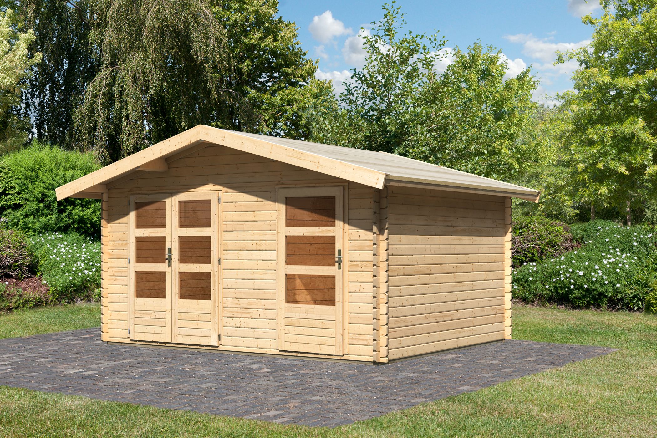 Karibu großes Gartenhaus Lagor 1 aus Holz, im Garten aufgebaut
