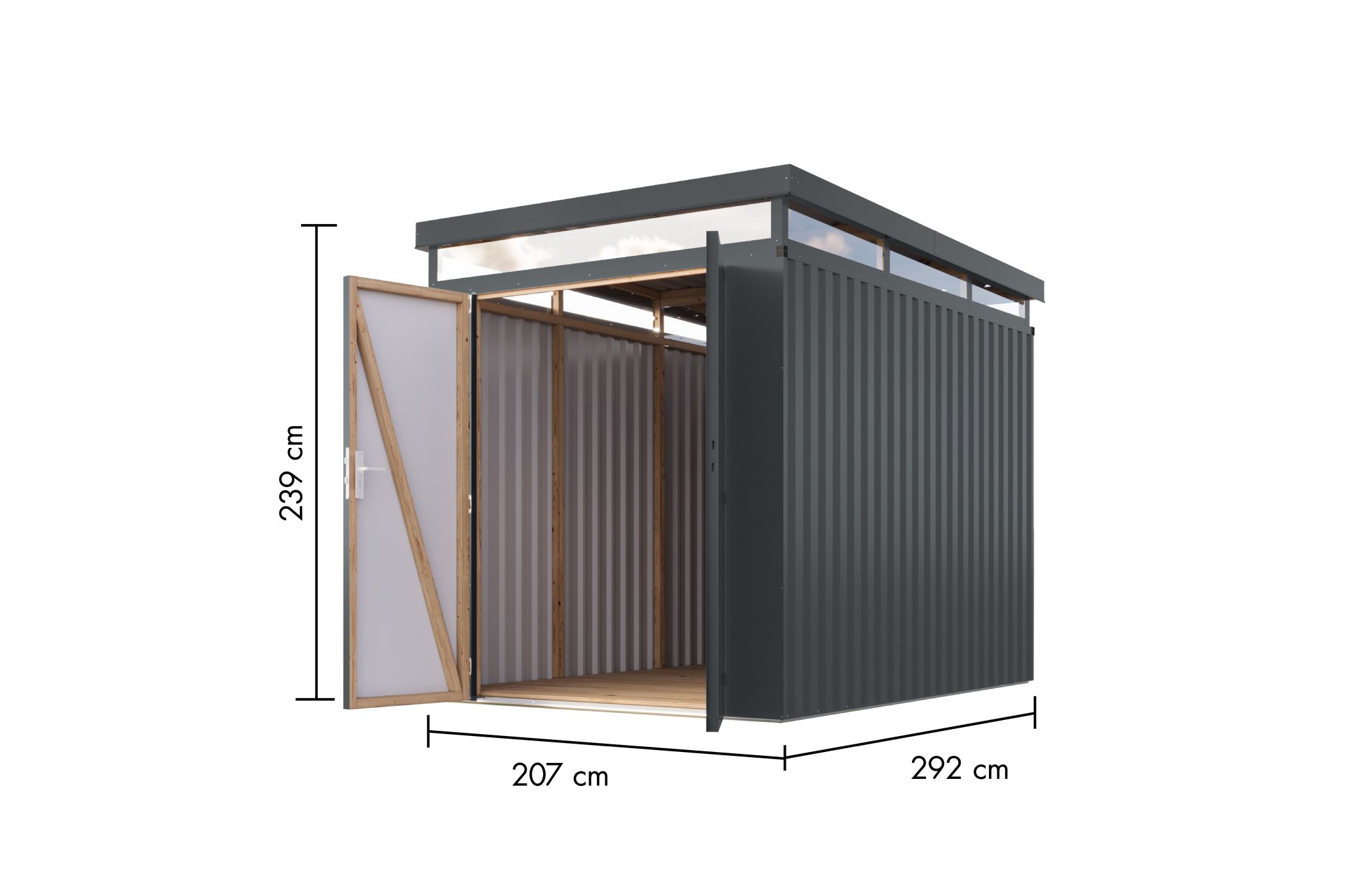 Bemaßte Maßzeichnung des Karibu Gerätehaus aus Metall Aurum 2,5, 207 × 292 cm