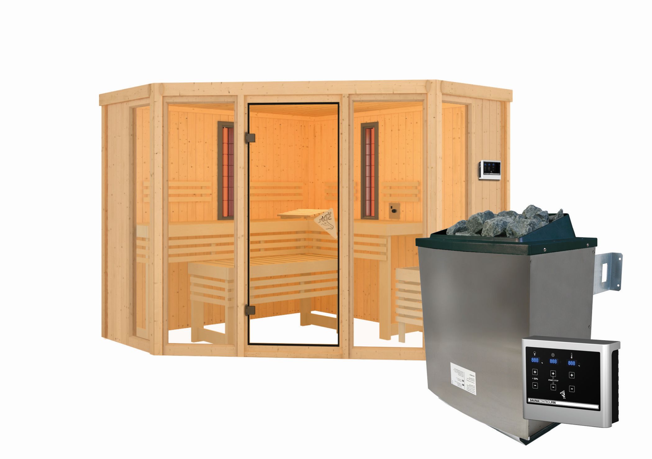 Innenansicht der Karibu Sauna Asta mit Liegen und Kopfstütze aus hellem Espenholz