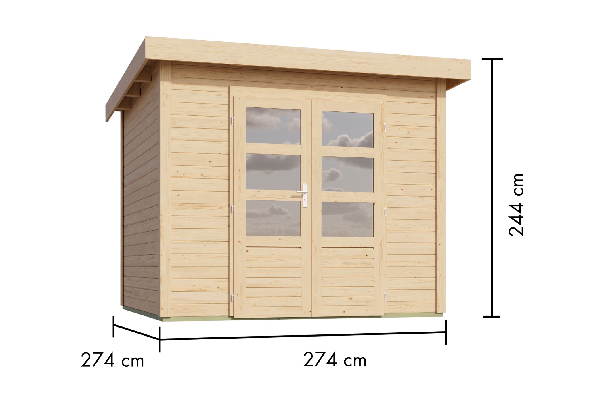 Bemaßte Maßzeichnung des Karibu Gartenhaus Kolbin 6 XXL (Extra hohe Tür) mit Bemaßung