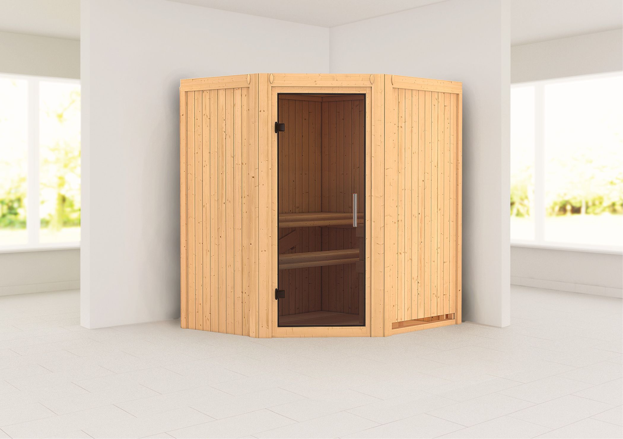 Außenansicht der Karibu Sauna Tonja aus nordischer Fichte mit Ganzglastür und Fronteinstieg