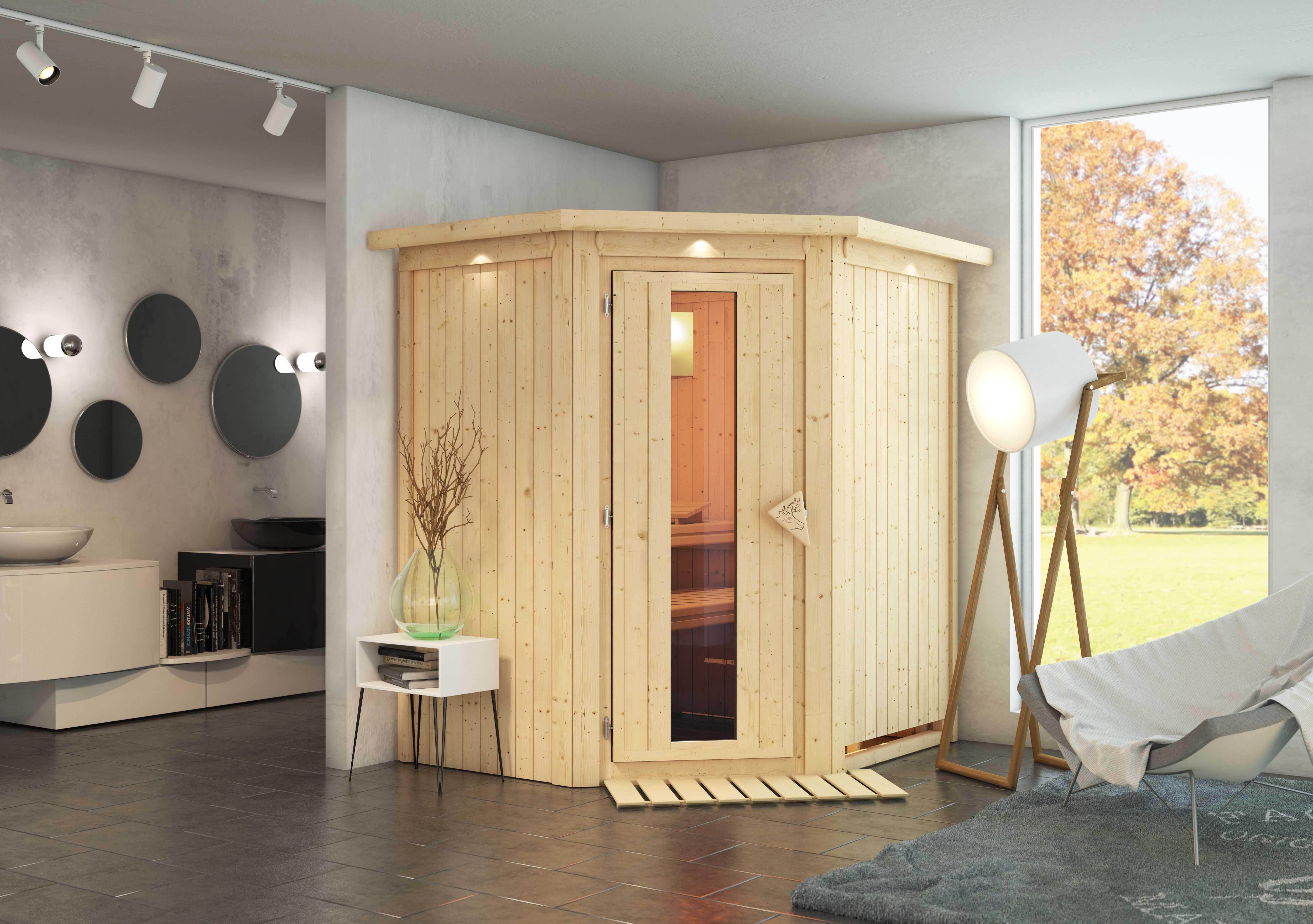 Karibu Sauna Taurin als stimmungsvoller Wellnessbereich in einem modern eingerichteten Wohnraum