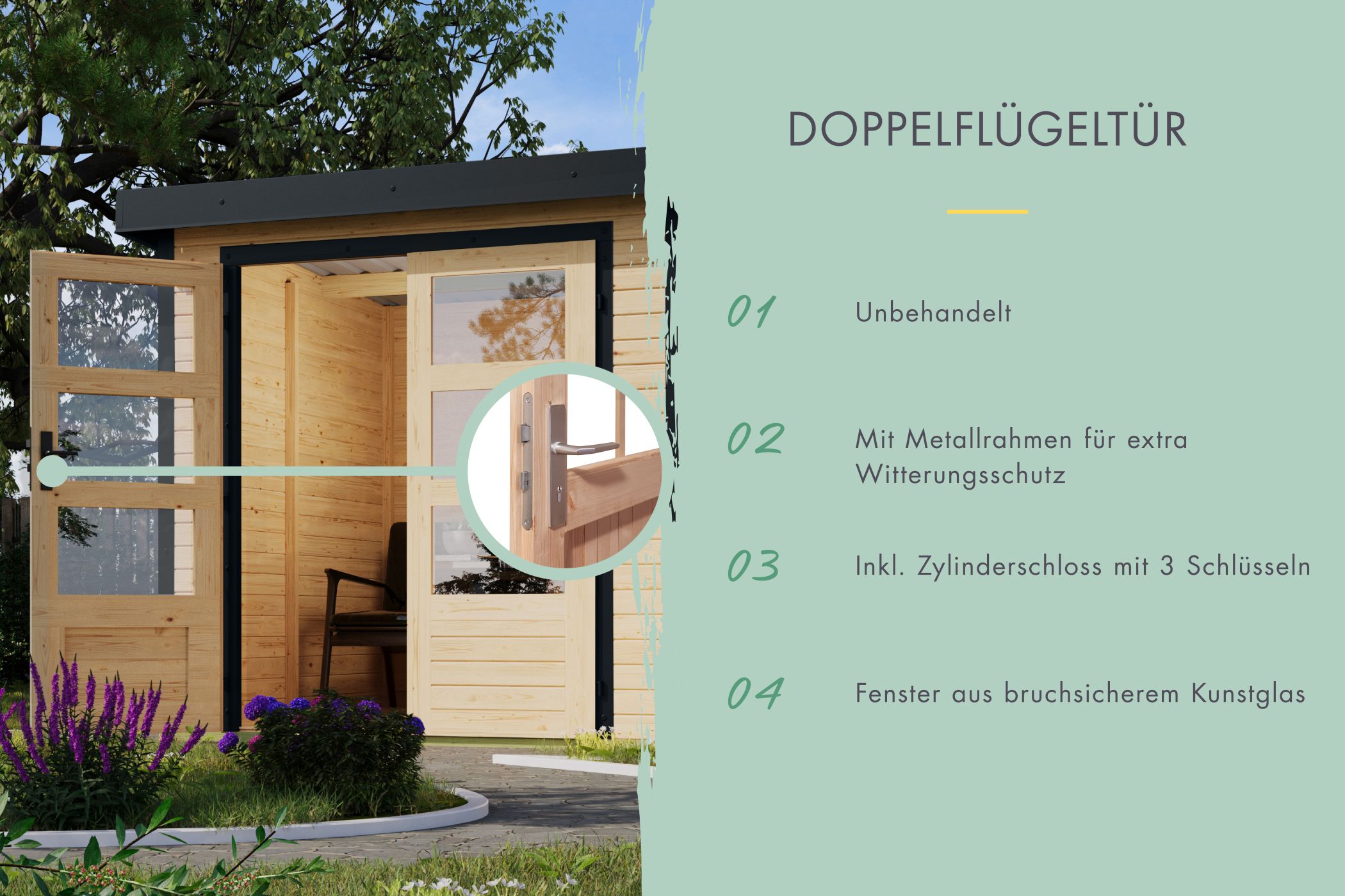 Doppelflügeltür des Karibu großes Gartenhaus Holz & Metall Merkur mit Zylinderschloss und Kunstglas