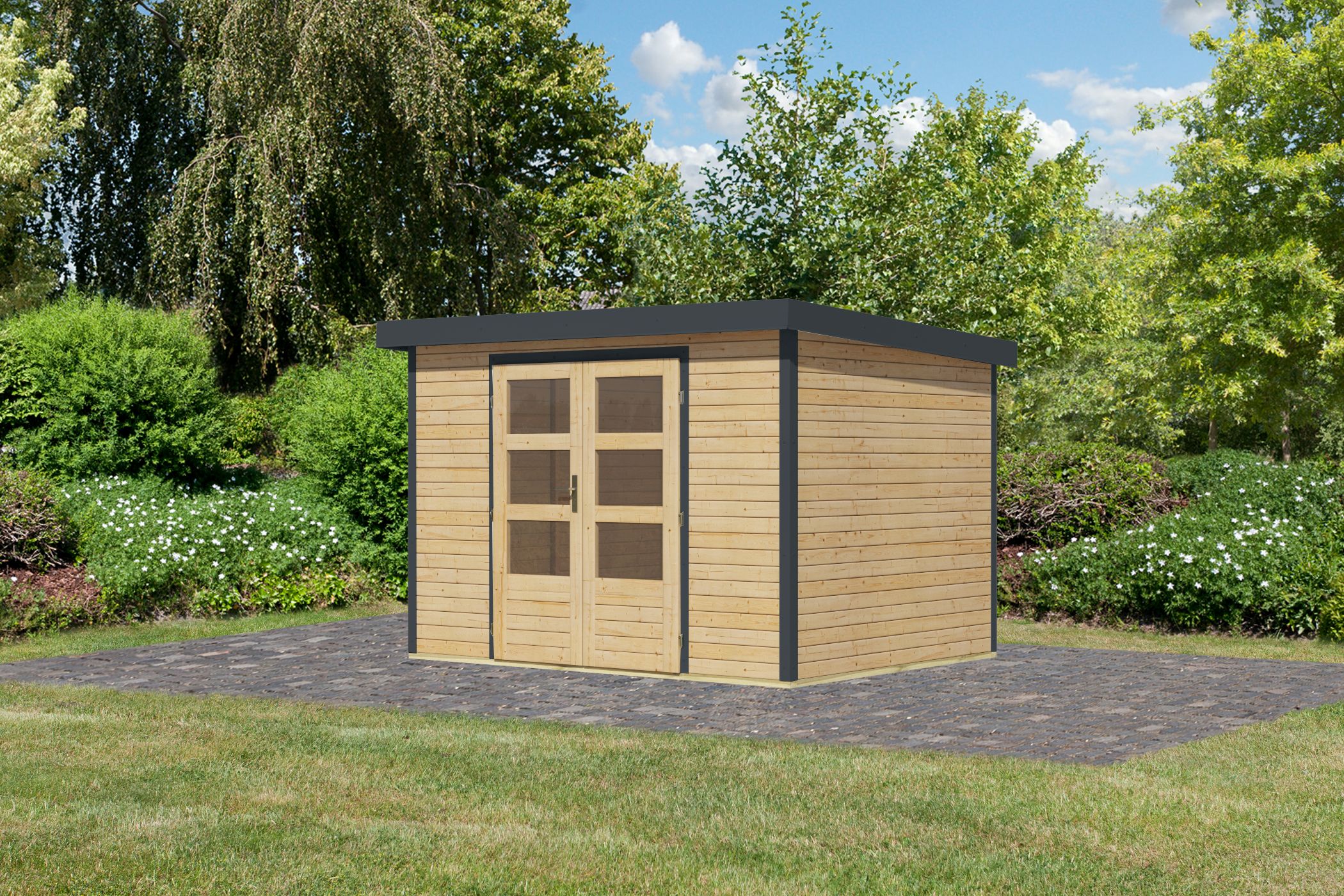 Karibu Gartenhaus Holz & Metall Jupiter 4 in Naturbelassen mit Metall in Anthrazit, Außenansicht