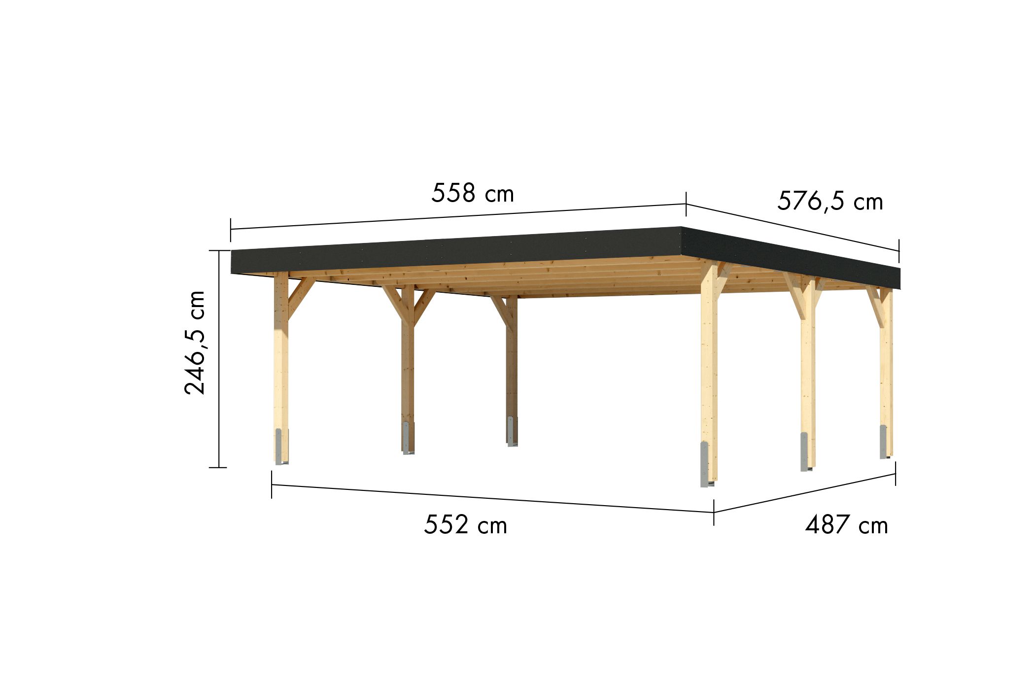 Maßzeichnung des Karibu Doppelcarport Leimholz 1 mit Dachmaß 558 × 576 cm und Durchfahrtshöhe 219 cm