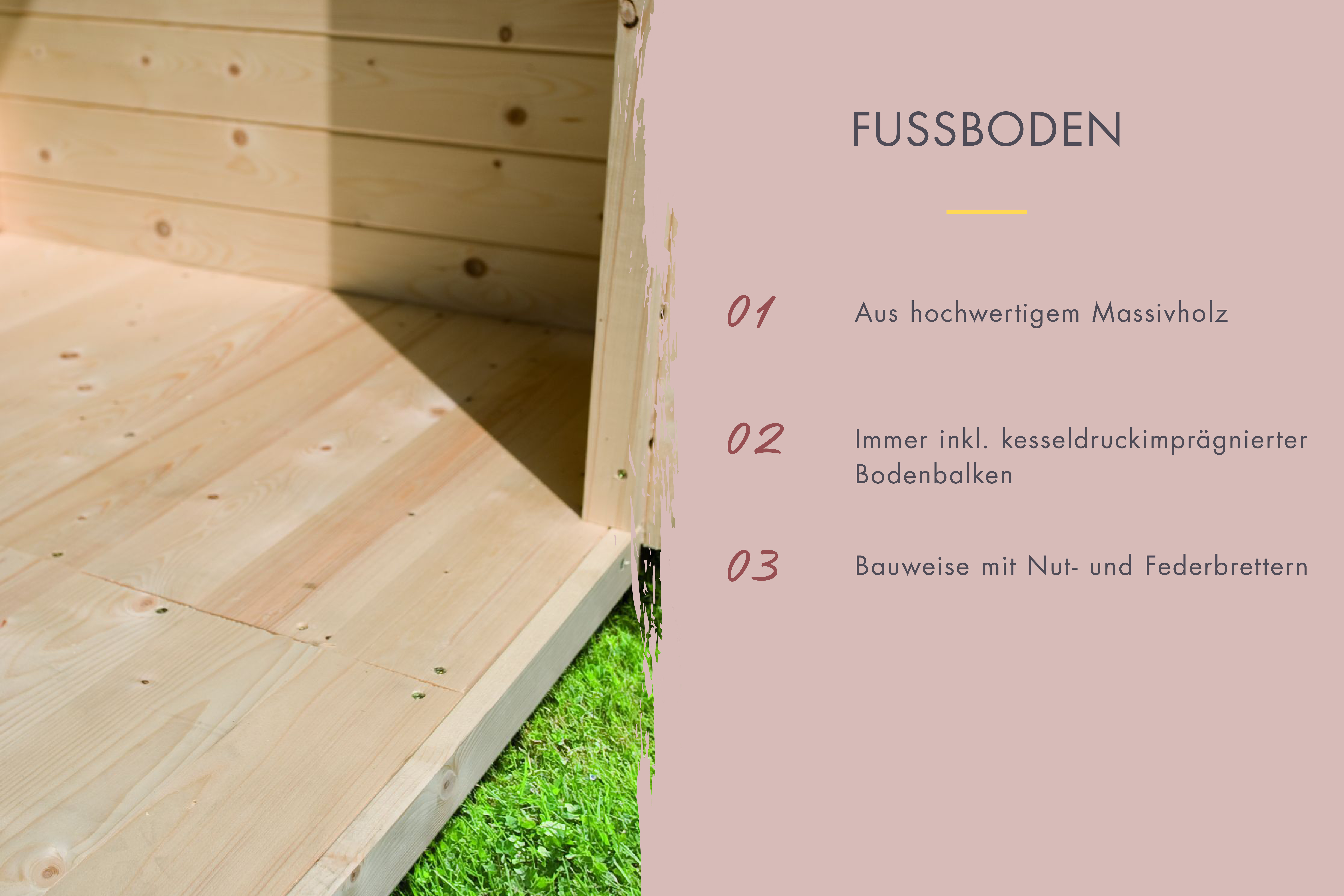 Massivholz-Bauweise der Karibu Gartensauna aus 38 mm Wandstärke mit doppelter Nut und Feder
