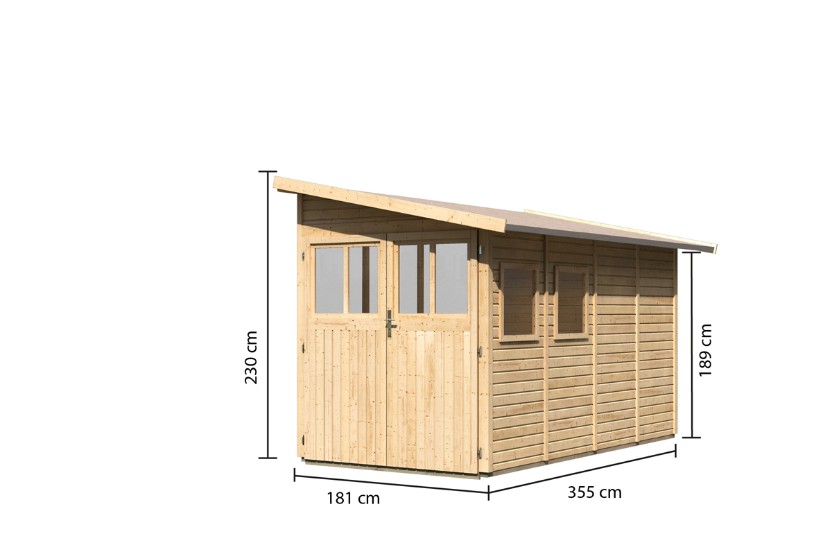 Bemaßte Maßzeichnung des Karibu Gerätehaus Wandlitz 4 mit Bemaßung