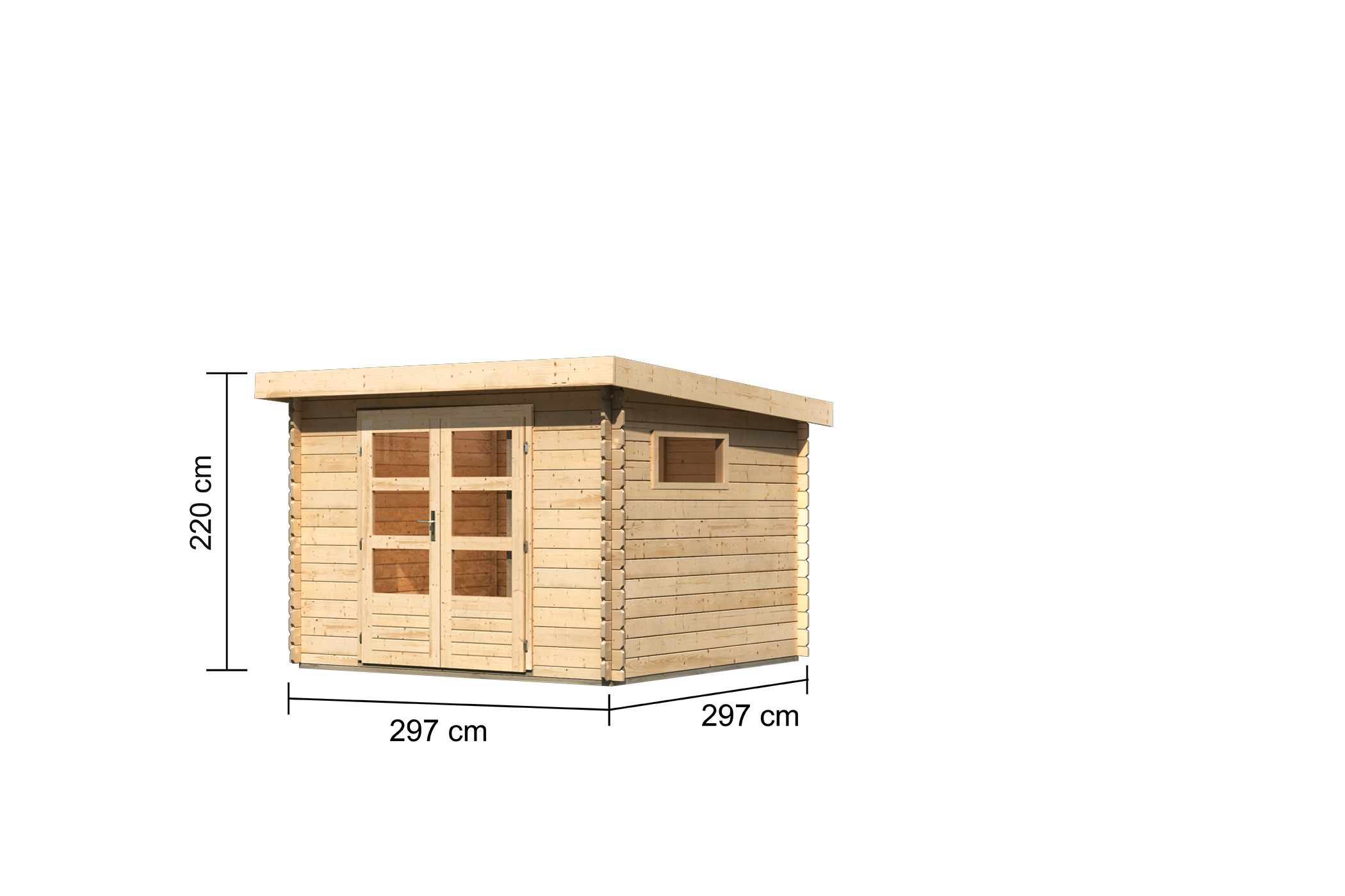 Bemaßte Maßzeichnung des Karibu Gartenhaus Benstrup 5 mit Bemaßung