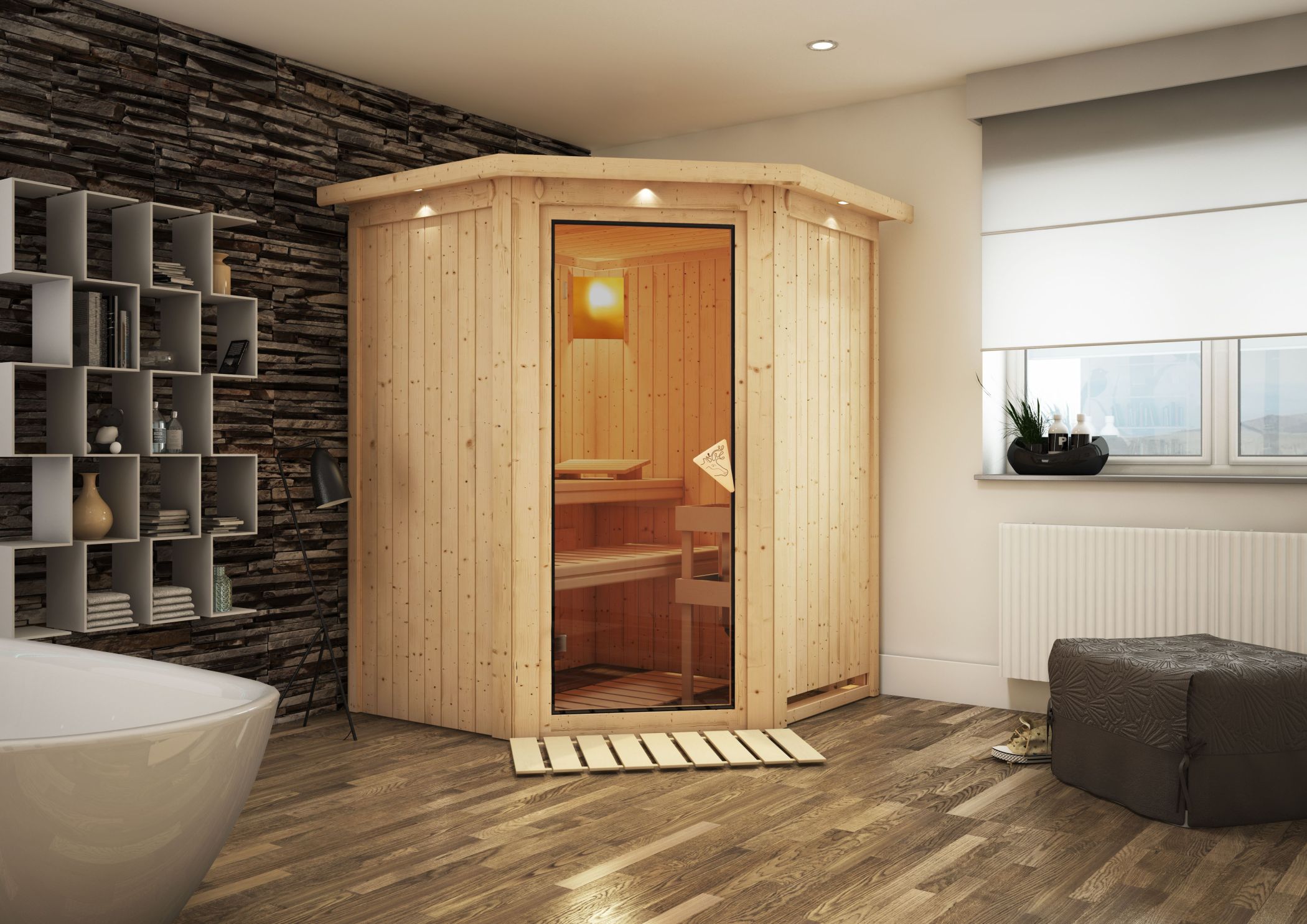 Karibu Sauna Nanja als hochwertige Sauna aus nordischer Fichte im Wohnraum-Ambiente