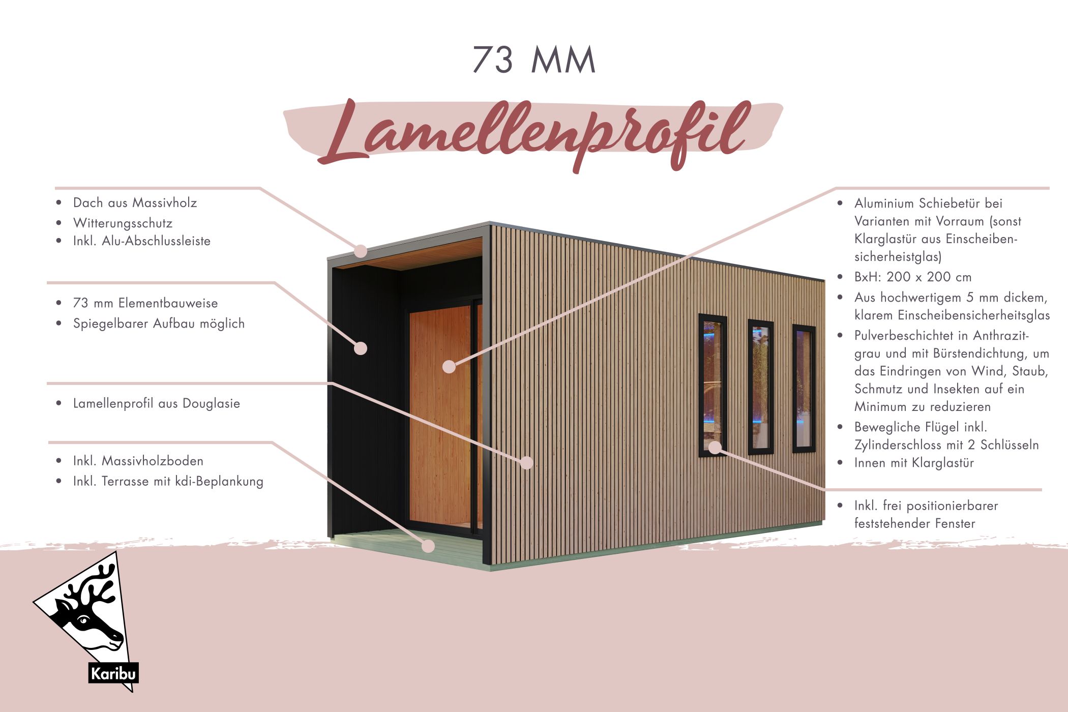 Karibu Saunahaus Miramar Douglasie als Gartensauna aus Massivholz im Garten mit Glasfront