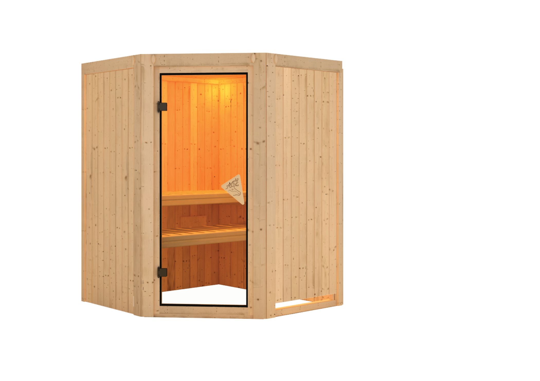 Innenansicht der Karibu Sauna Nanja mit Liegen und Kopfstütze aus hellem Espenholz