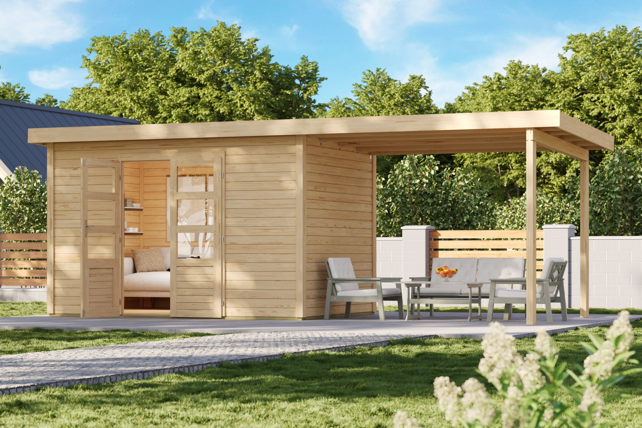 Karibu Gartenhaus Kolbin 7 XXL in Naturbelassen im Garten
