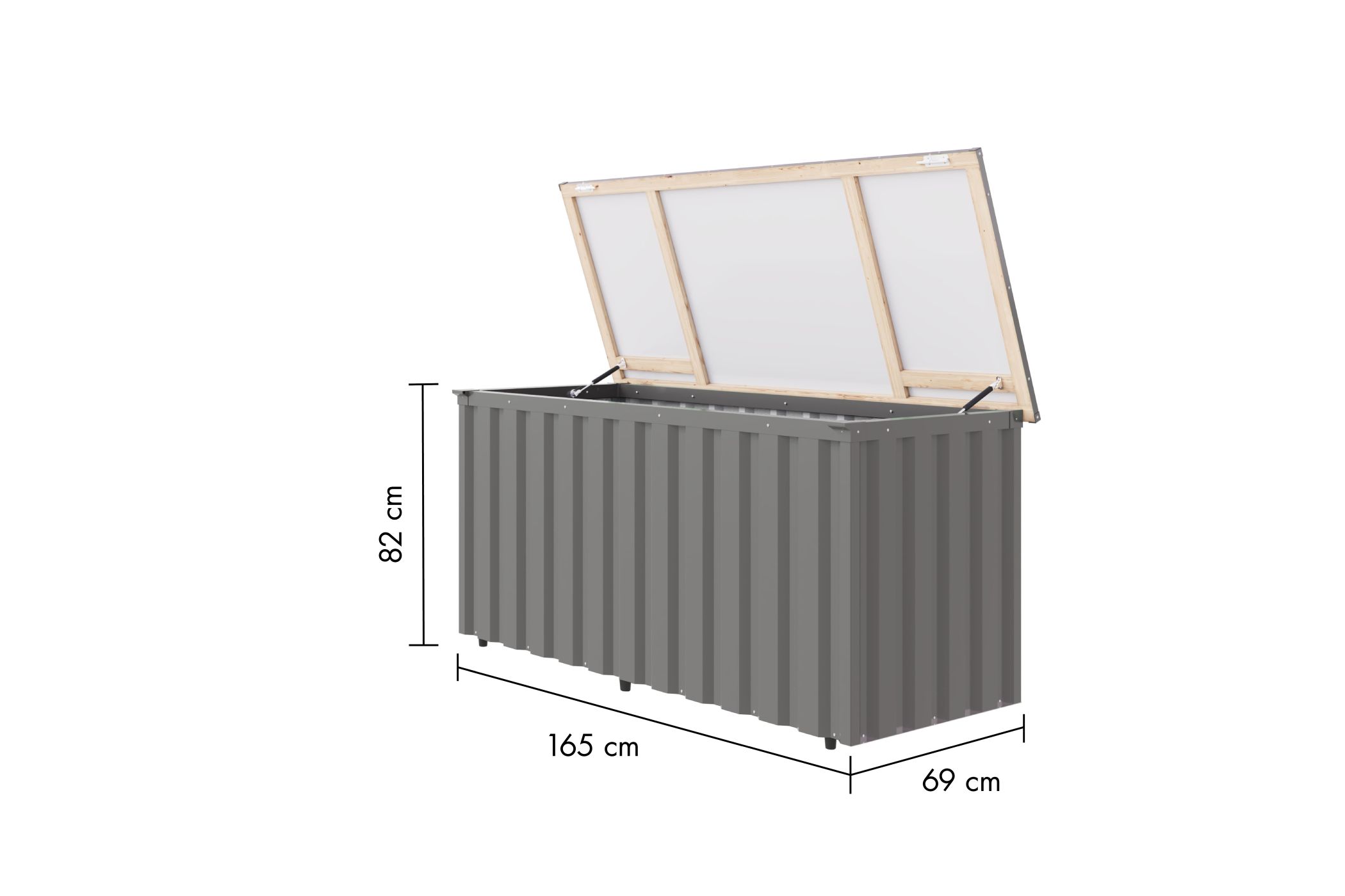 Maßzeichnung der Karibu Metall Gartenbox Indium 2 mit Bemaßung von Grundfläche und Höhe