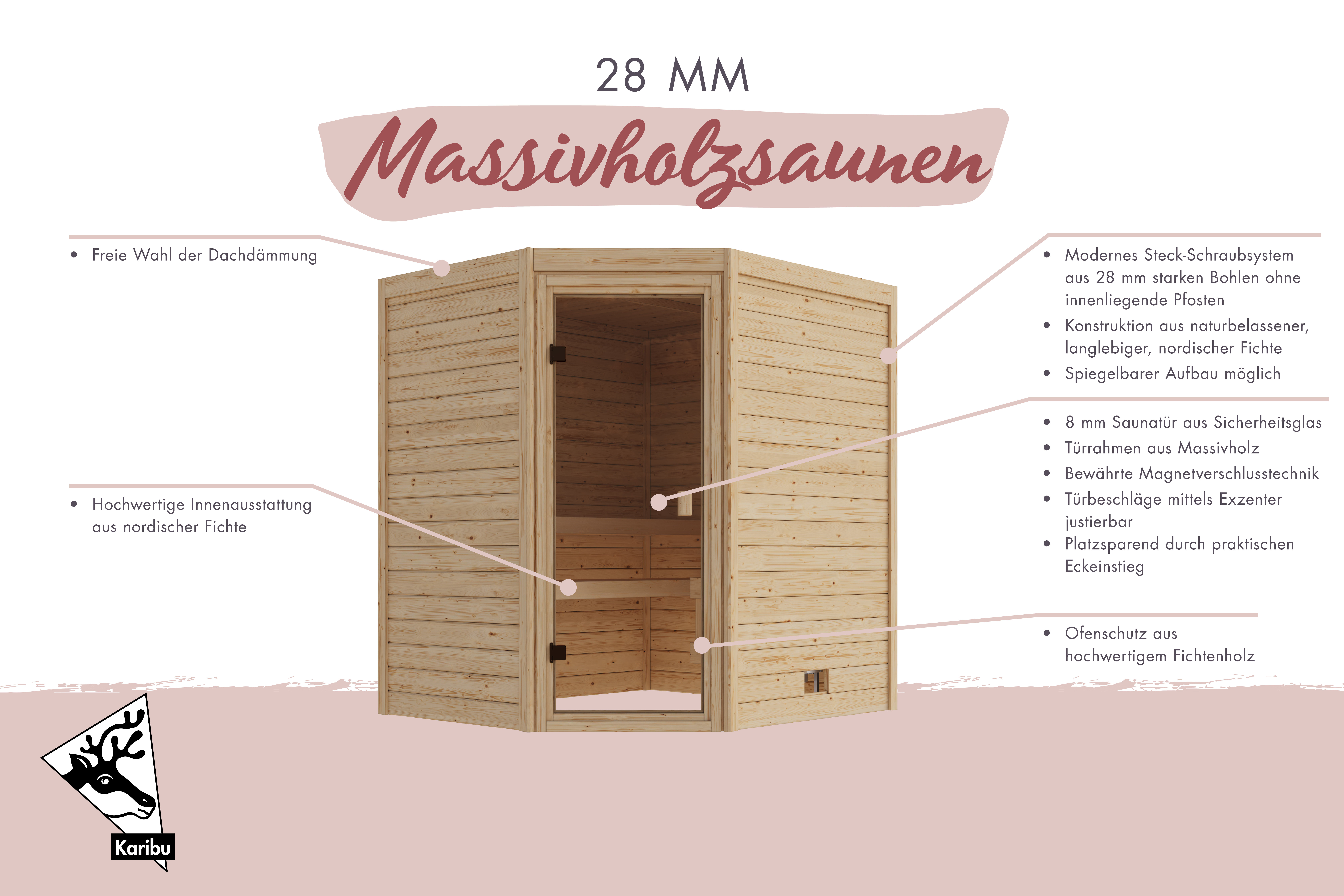 Außenansicht der Karibu Sauna Ina aus nordischer Fichte mit Ganzglastür und Fronteinstieg