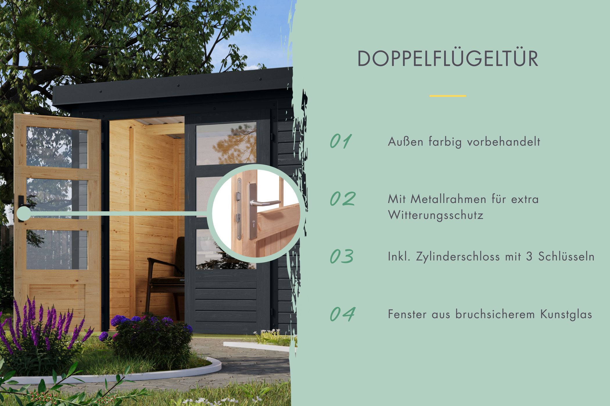 Doppelflügeltür des Karibu Gartenhaus Holz & Metall Jupiter 2 mit Zylinderschloss und Kunstglas