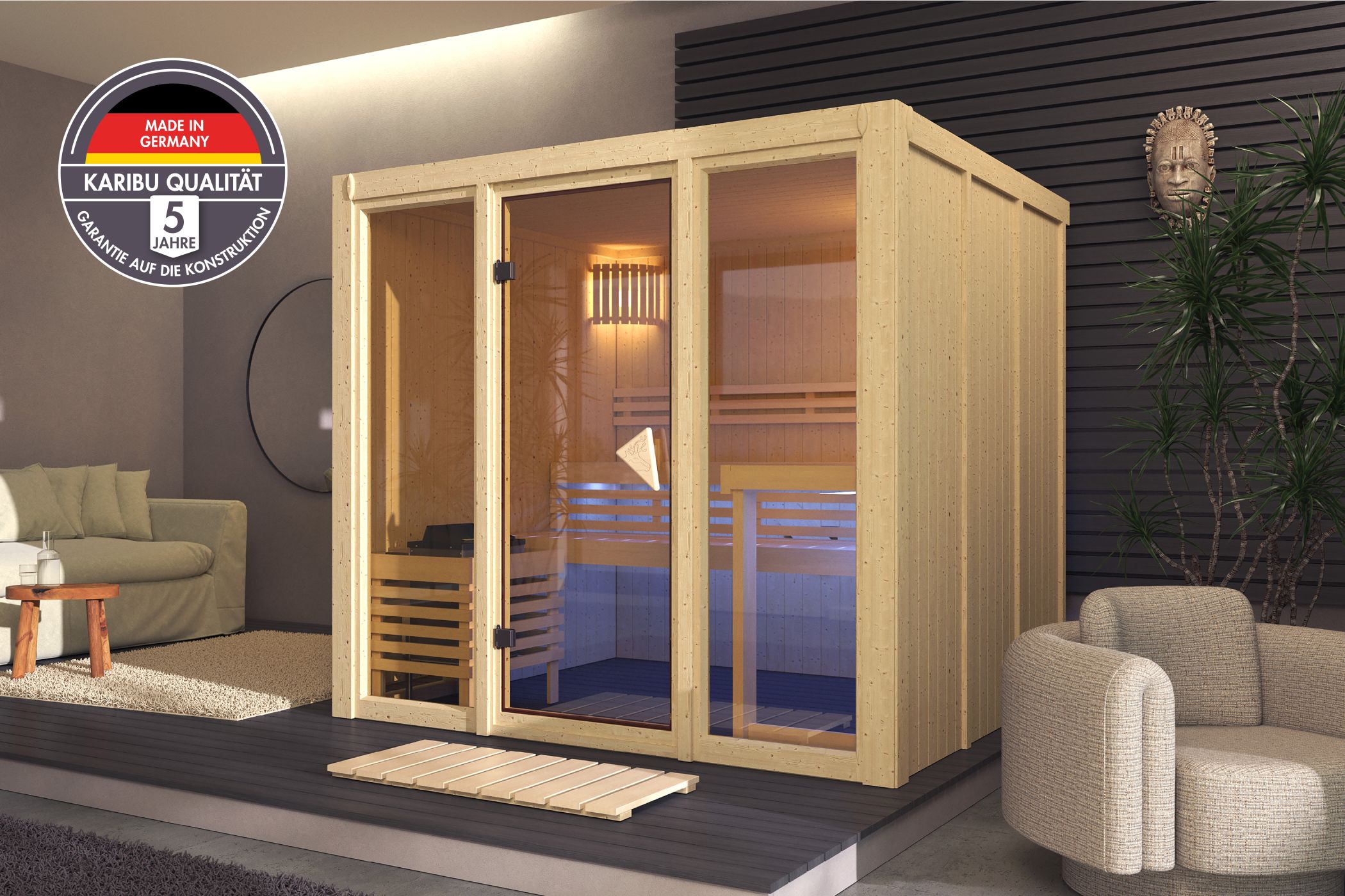 Karibu Sauna Avari 4 als hochwertige Sauna aus nordischer Fichte im Wohnraum-Ambiente
