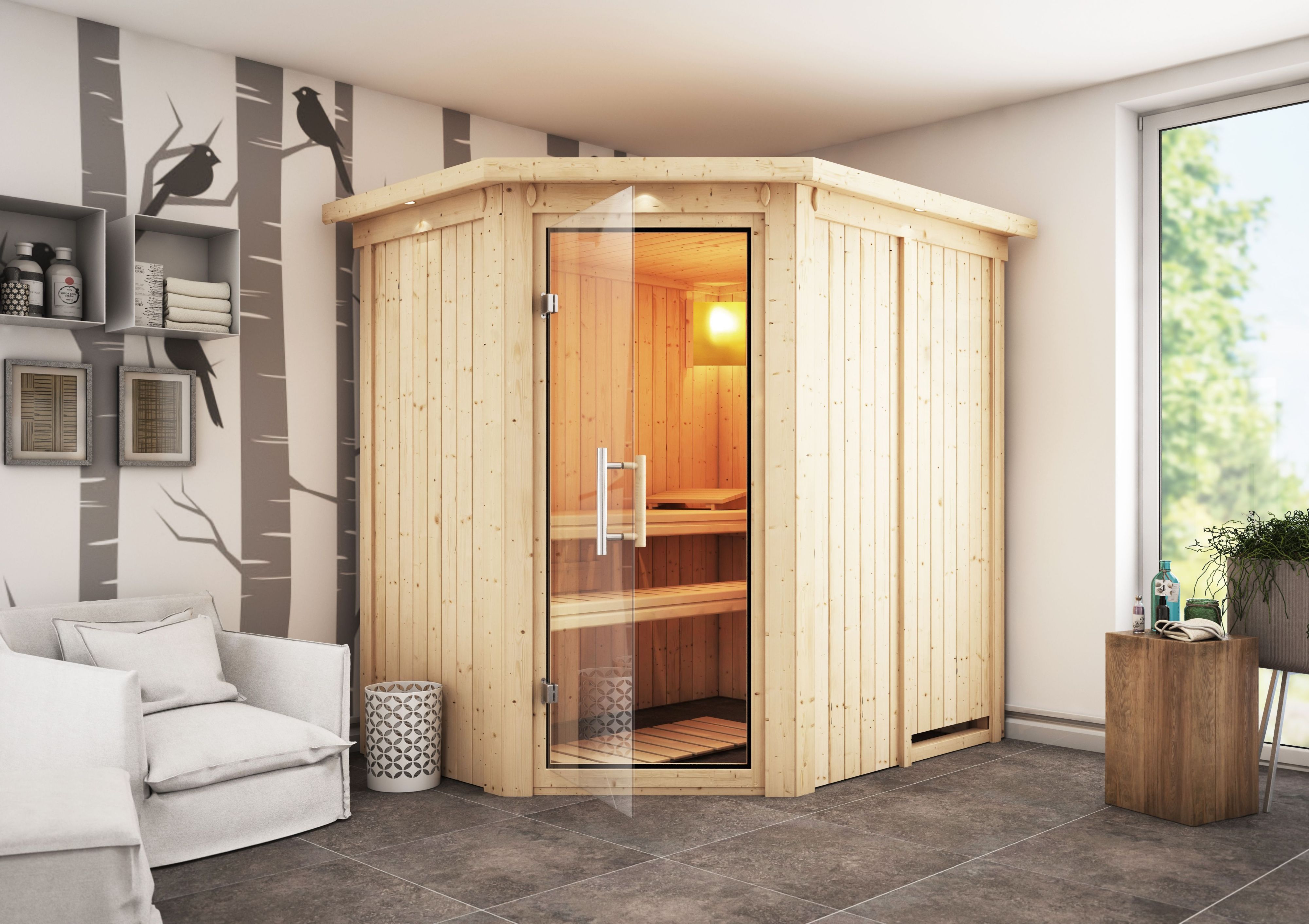 Karibu Sauna Carin als hochwertige Sauna aus nordischer Fichte im Wohnraum-Ambiente