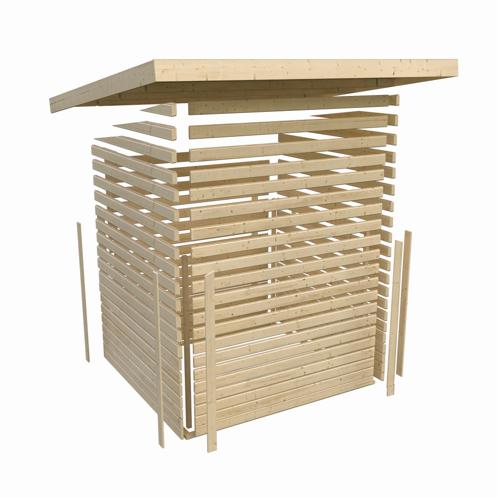 Detaildarstellung des 38 mm Steck-Schraubsystems der Karibu Gartensauna mit Profilhölzern