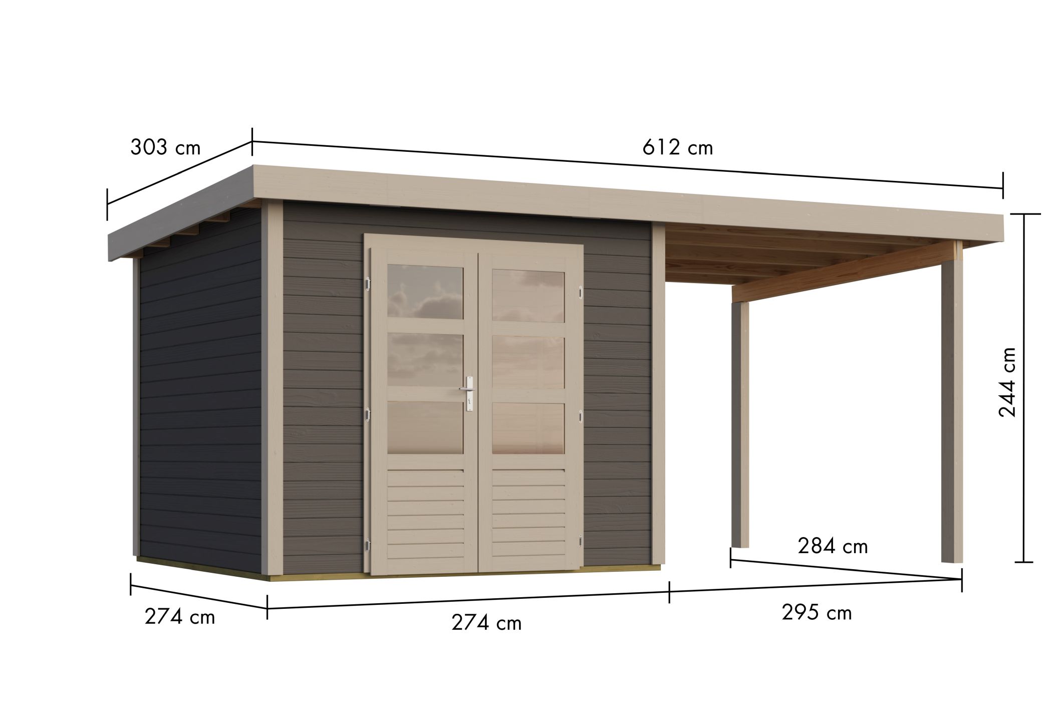 Bemaßte Maßzeichnung des Karibu Gartenhaus Kolbin 6 XXL, 612 × 303 cm