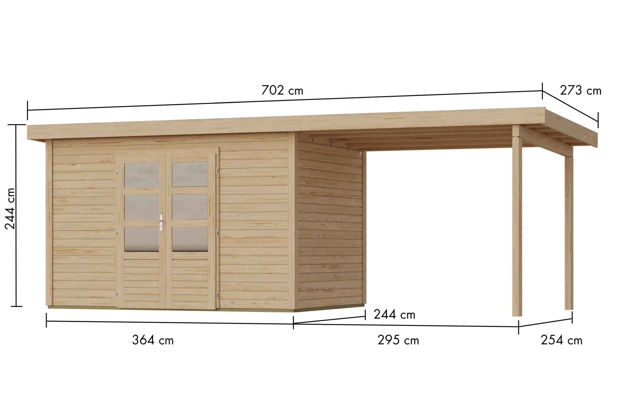 Bemaßte Maßzeichnung des Karibu Gartenhaus Kolbin 7 XXL, 702 × 273 cm