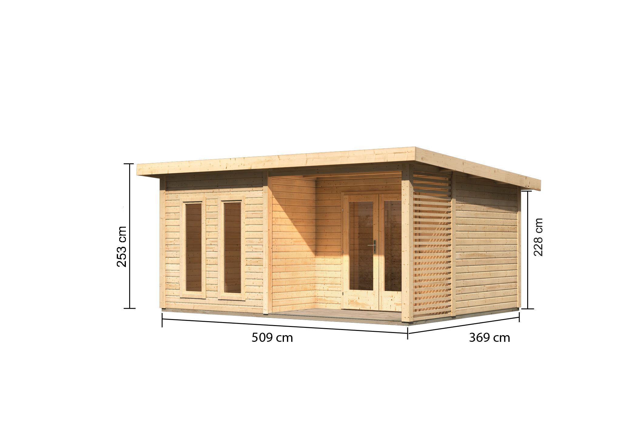 Bemaßte Maßzeichnung des Karibu großes Poolhaus Gatenhaus Radeburg 5, 509 × 369 cm