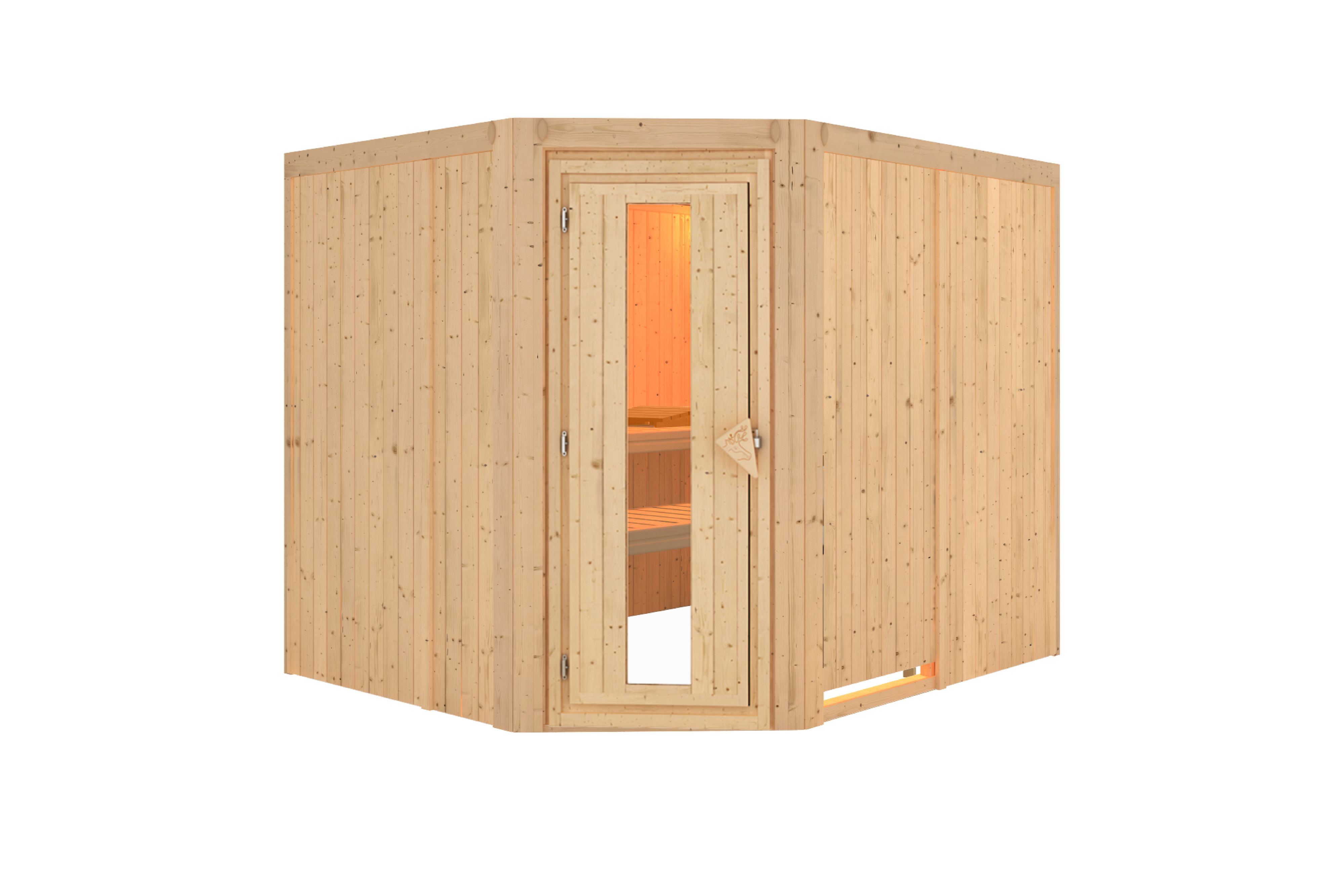 Innenansicht der Karibu Sauna Malin mit Liegen und Kopfstütze aus hellem Espenholz