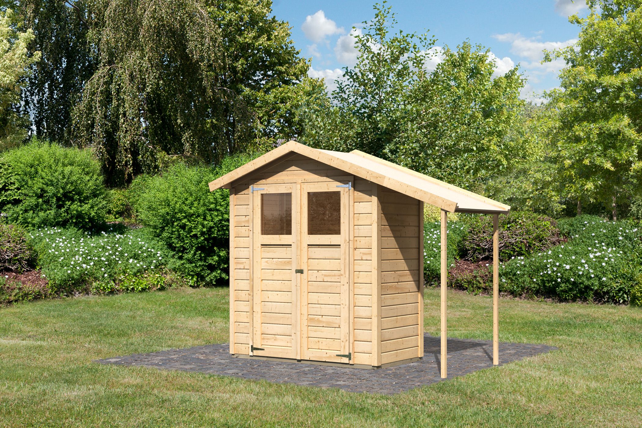Karibu kleines Gerätehaus Dana aus Holz, im Garten aufgebaut