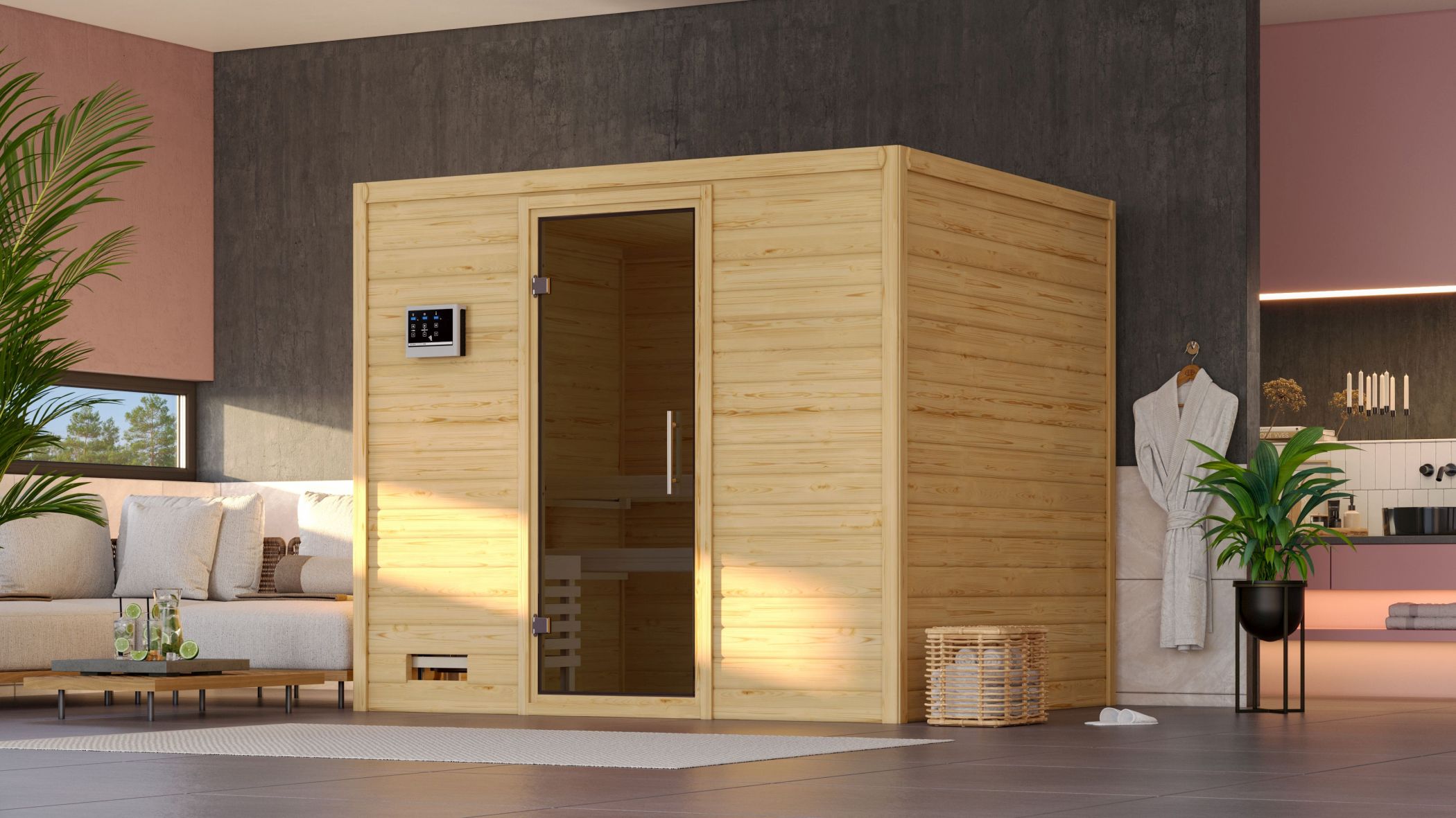 Karibu Sauna Sonara als hochwertige Sauna aus nordischer Fichte im Wohnraum-Ambiente
