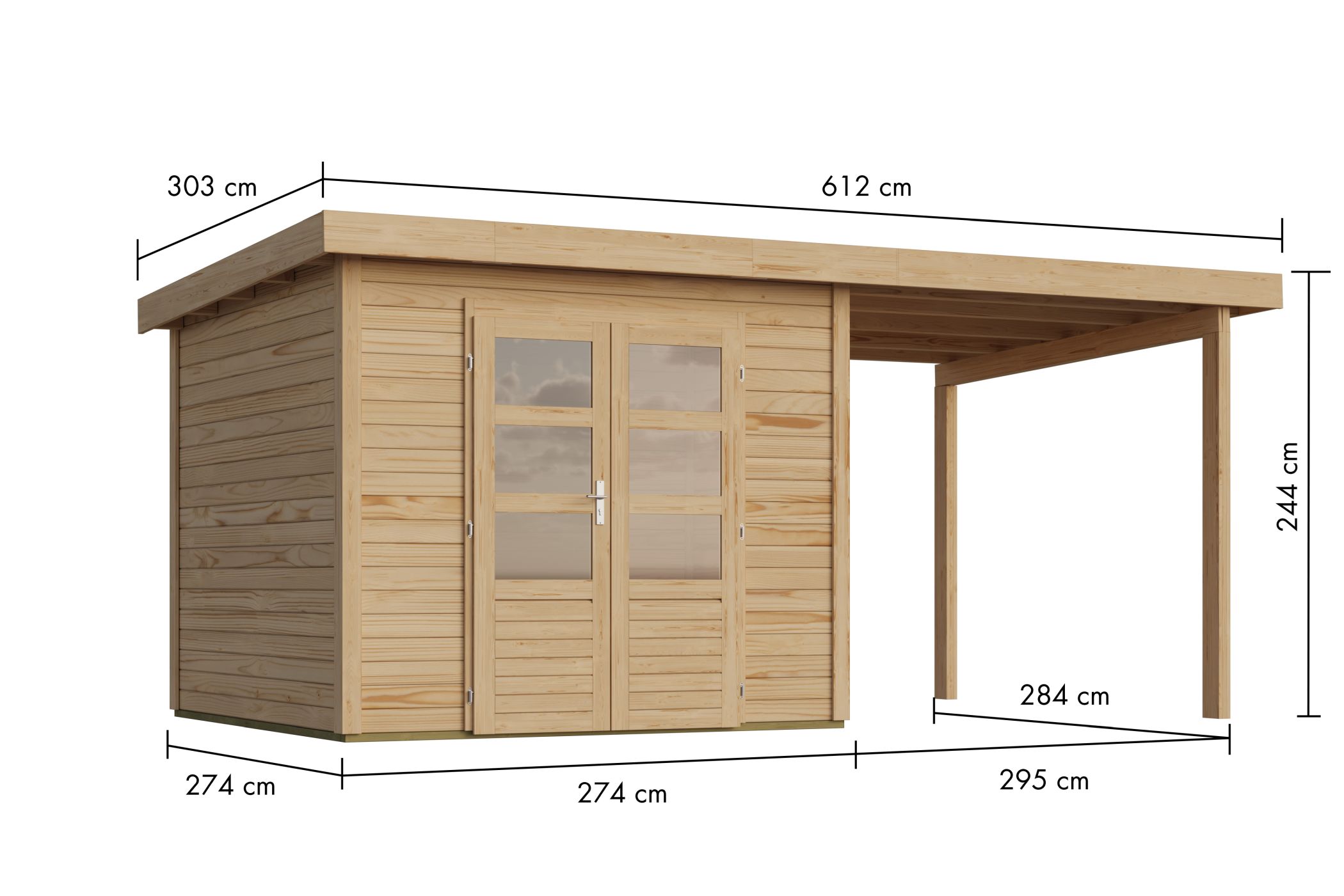 Bemaßte Maßzeichnung des Karibu Gartenhaus Kolbin 6 XXL, 612 × 303 cm