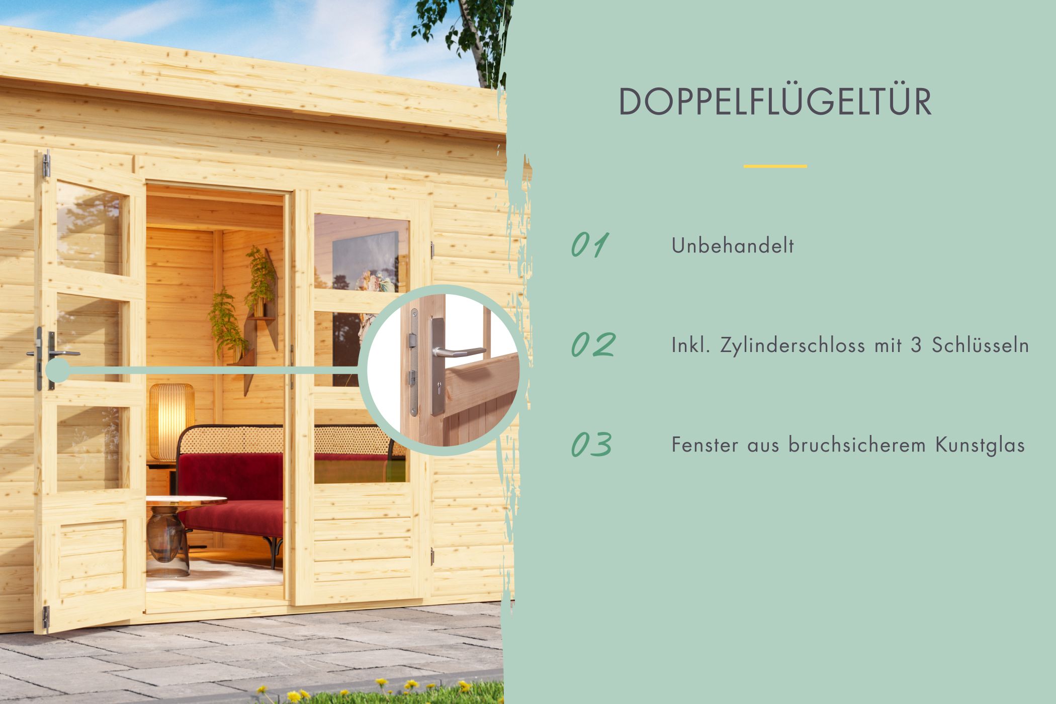 Doppelflügeltür des Karibu Gartenhaus Mattrup mit Zylinderschloss und Kunstglas