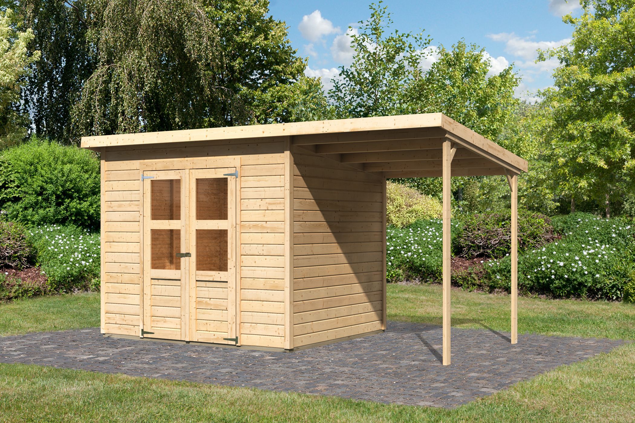 Karibu Gerätehaus Merseburg 5 in Naturbelassen und Anbaudach, Außenansicht