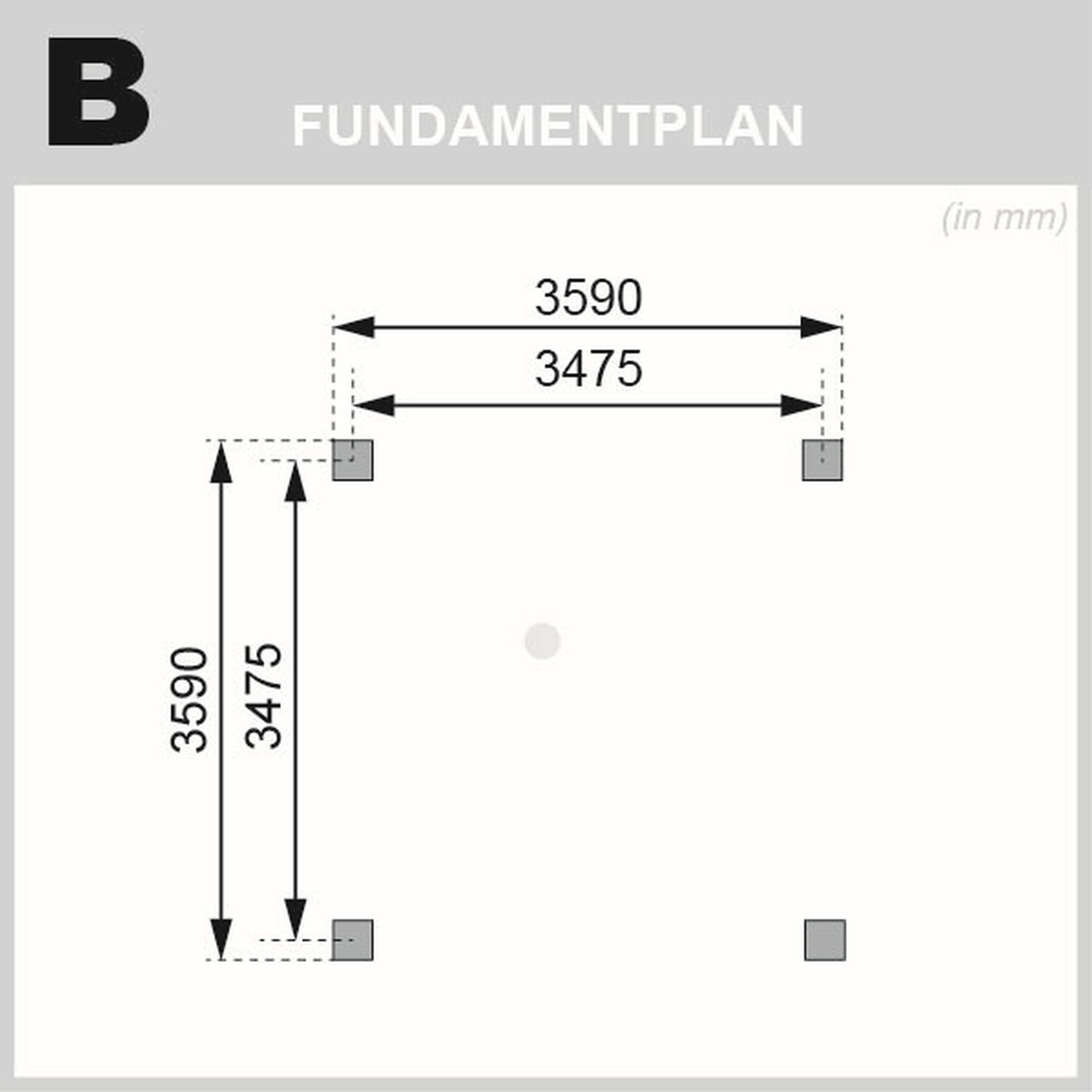 Bemaßter Fundamentplan des Karibu Carport Kirn 1 mit den Pfostenpositionen zur Fundamentvorbereitung
