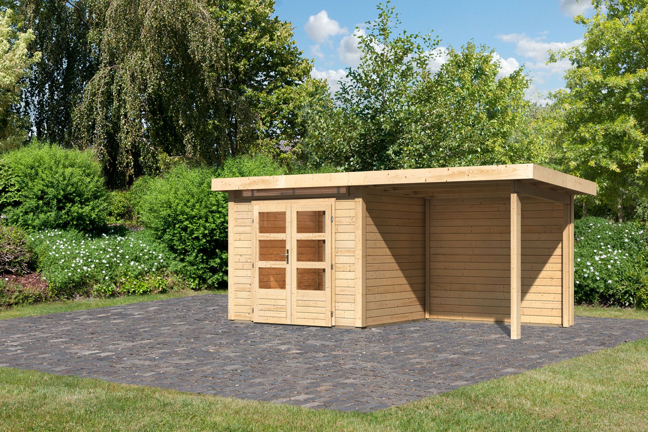 Karibu Gartenhaus Kandern 2 in Naturbelassen und Anbaudach, Außenansicht