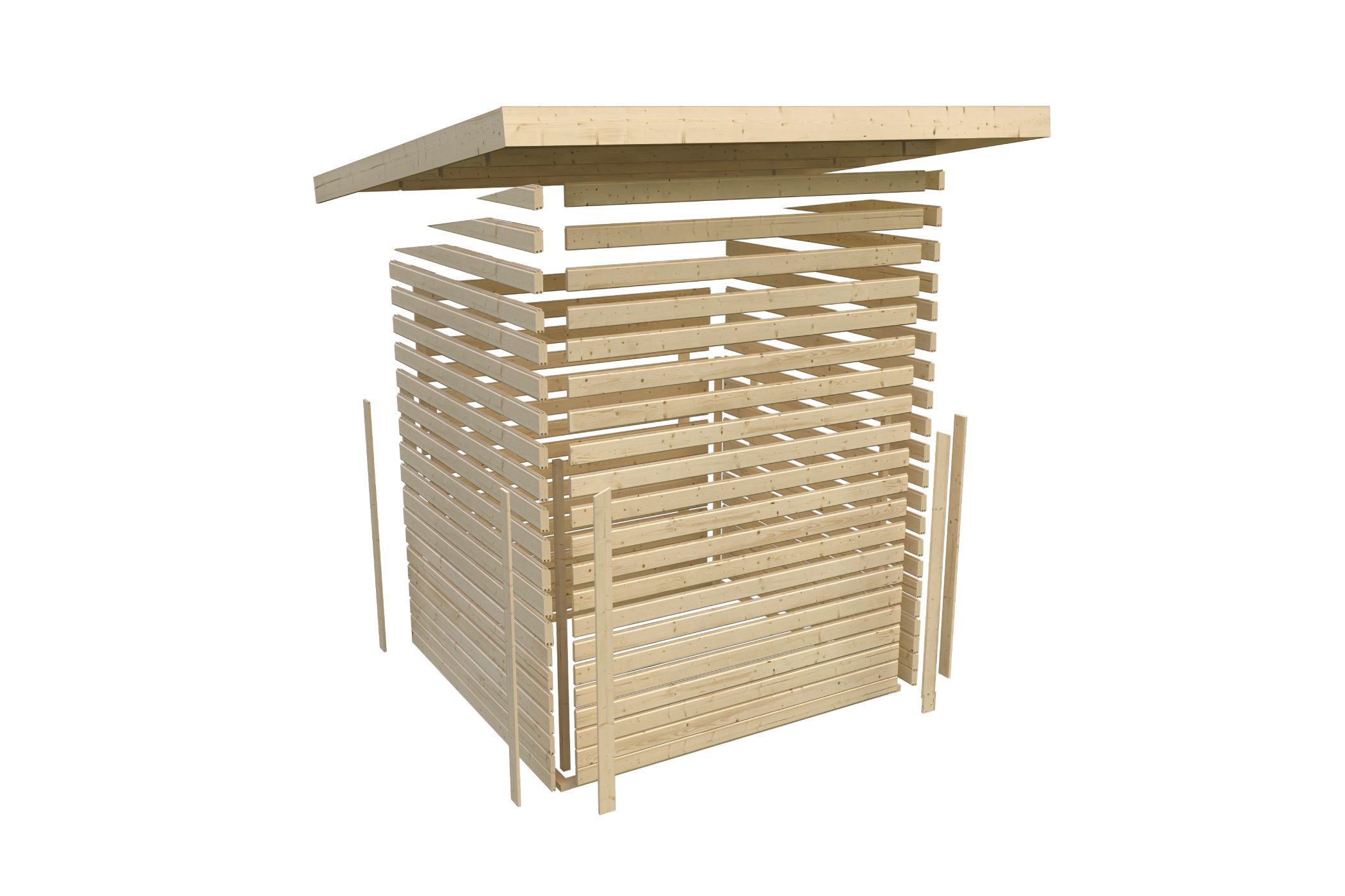 Aufbaudarstellung des Karibu Gartenhaus Schönbuch 1 mit Wandprofilen und Pultdach