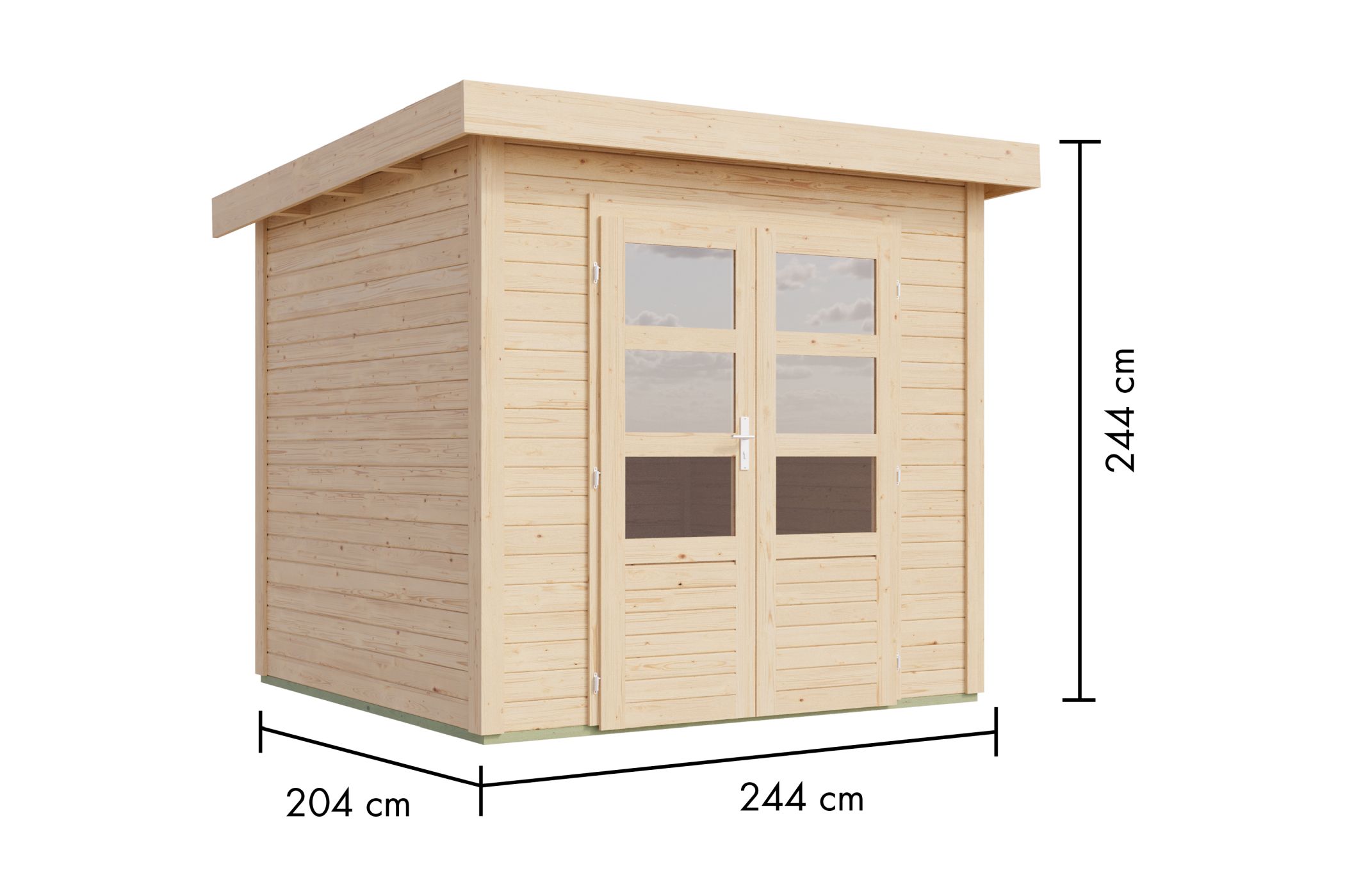 Bemaßte Maßzeichnung des Karibu Gartenhaus Kolbin 2 XXL (Extra hohe Tür) mit Bemaßung