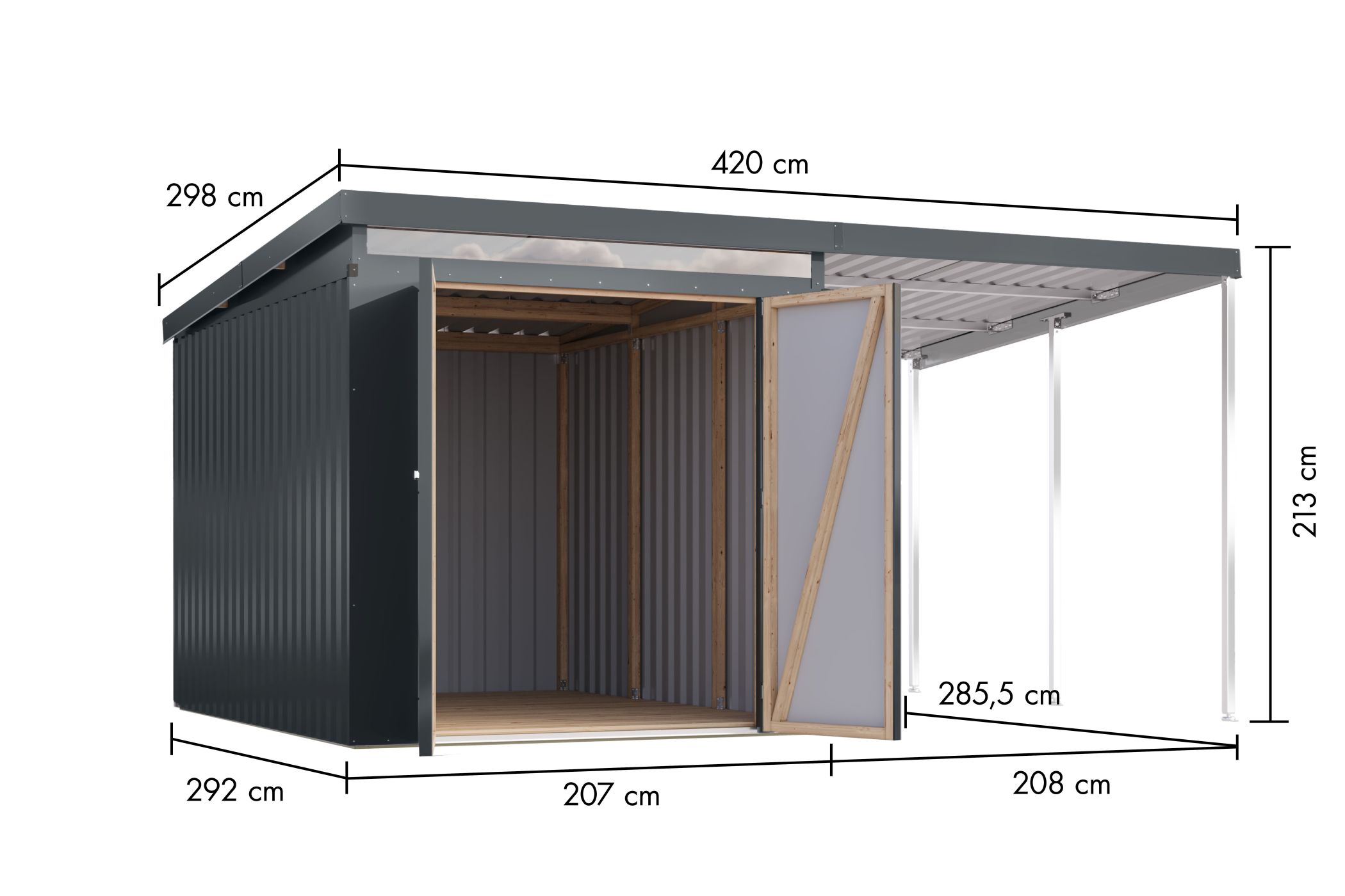 Bemaßte Maßzeichnung des Karibu Gerätehaus aus Metall Iridium 2,5, 414 × 292 cm