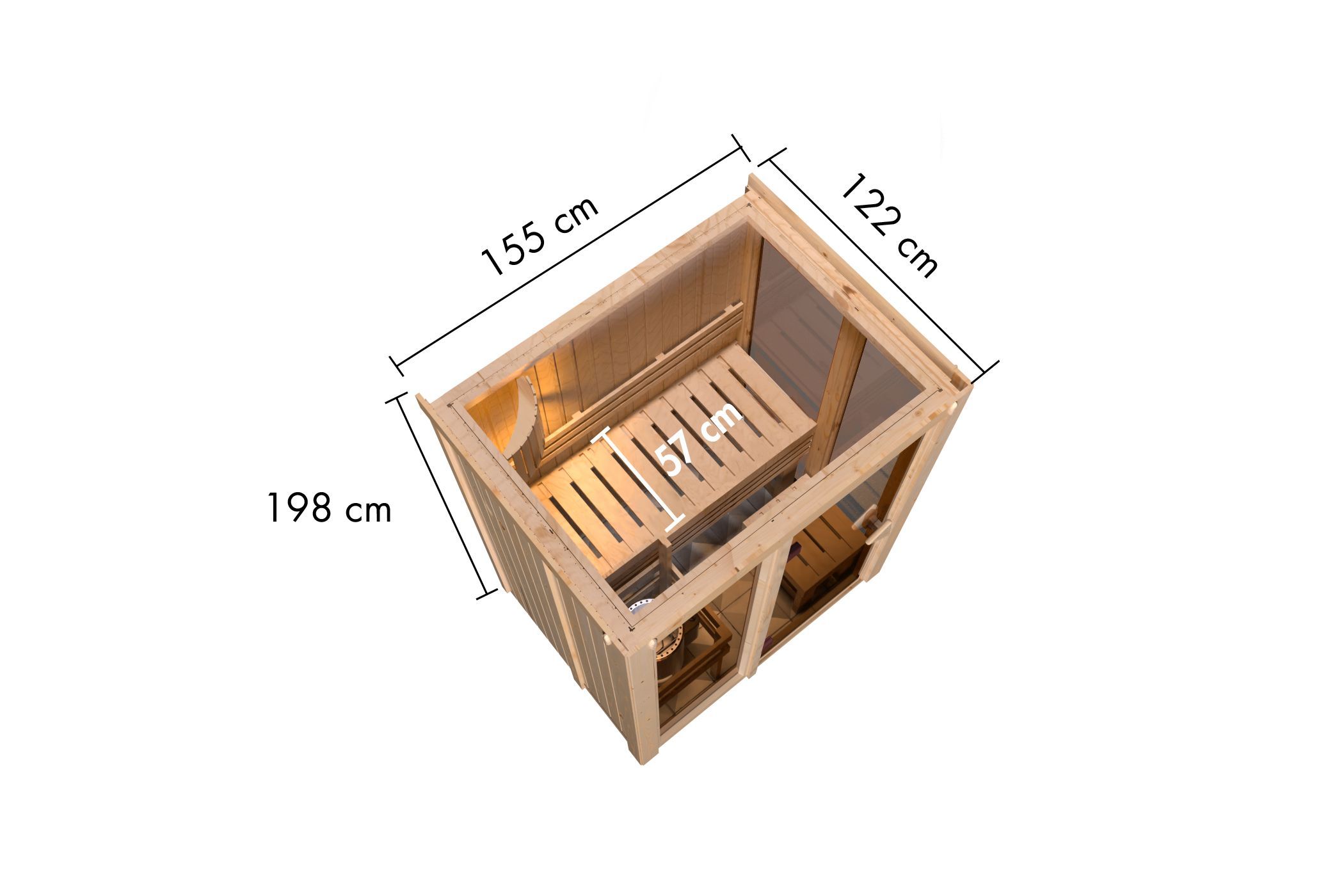 Maßzeichnung der Karibu Sauna Irava 1 mit Außenmaß 155 × 122 cm und Höhe 198 cm