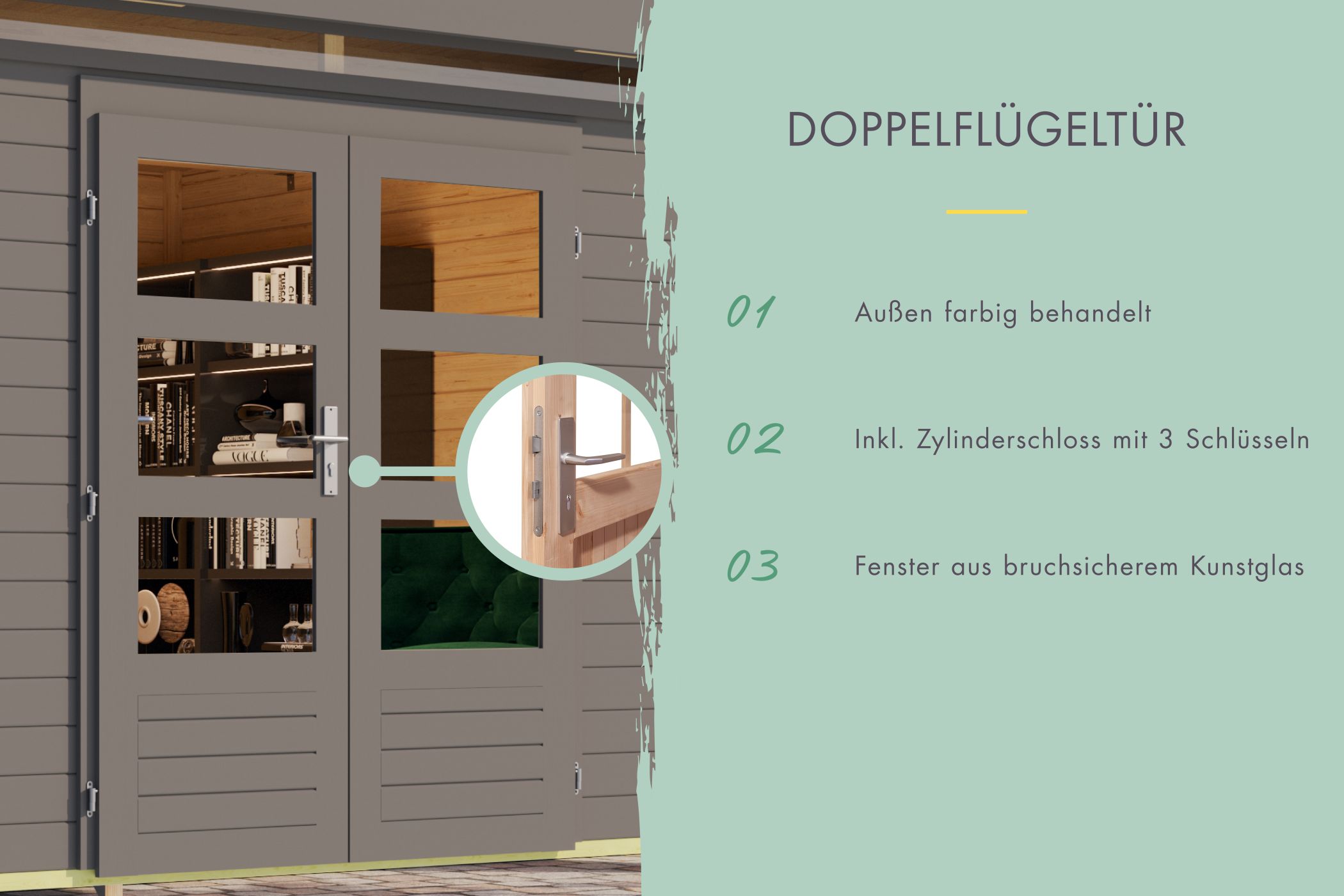 Doppelflügeltür des Karibu großes Gerätehaus Lahar 6 mit Zylinderschloss und Kunstglas